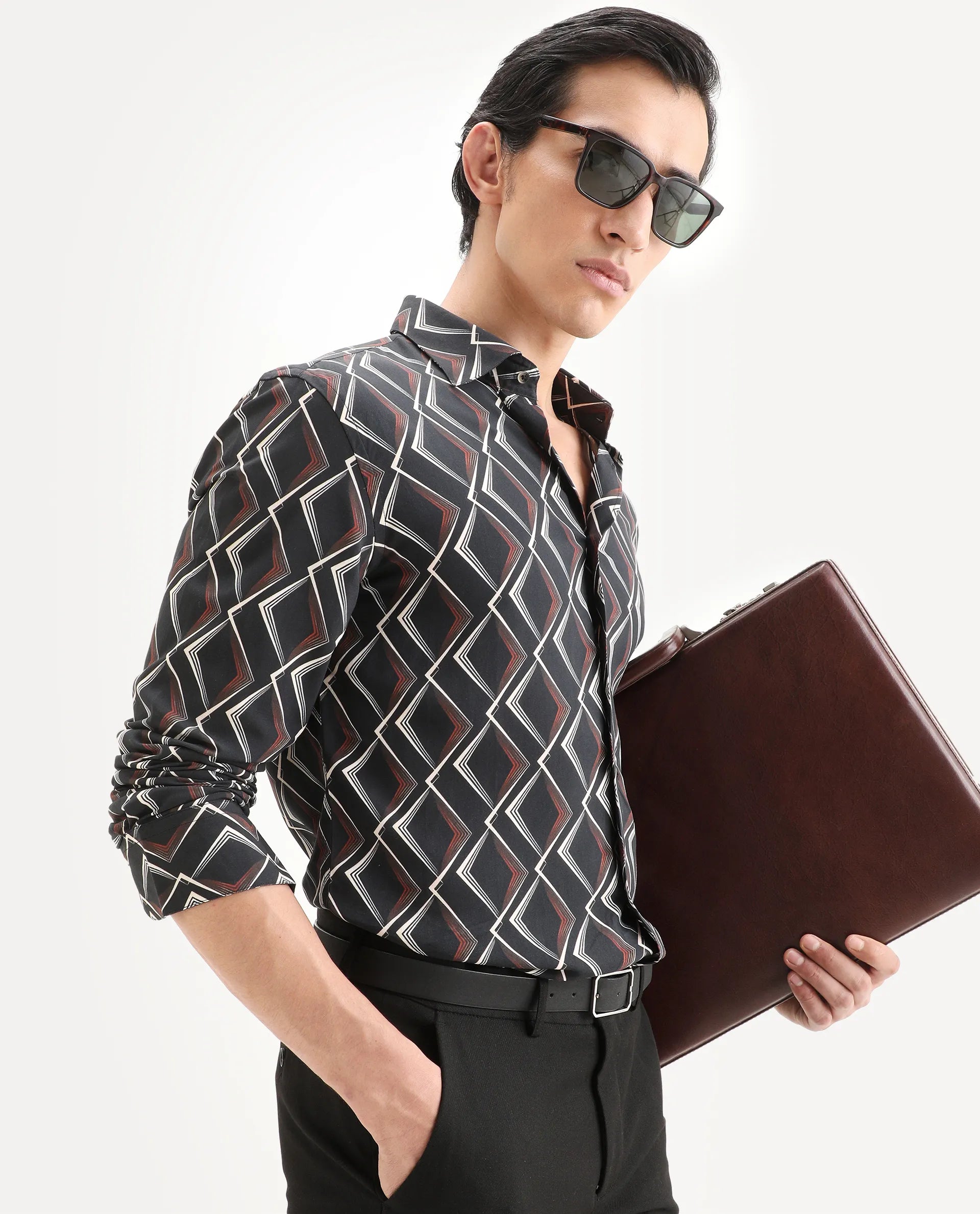 Rare Rabbit Men's Hurn Black Viscose Fabric Full Sleeve Spread Collar Regular Fit Geometric Print Shirt