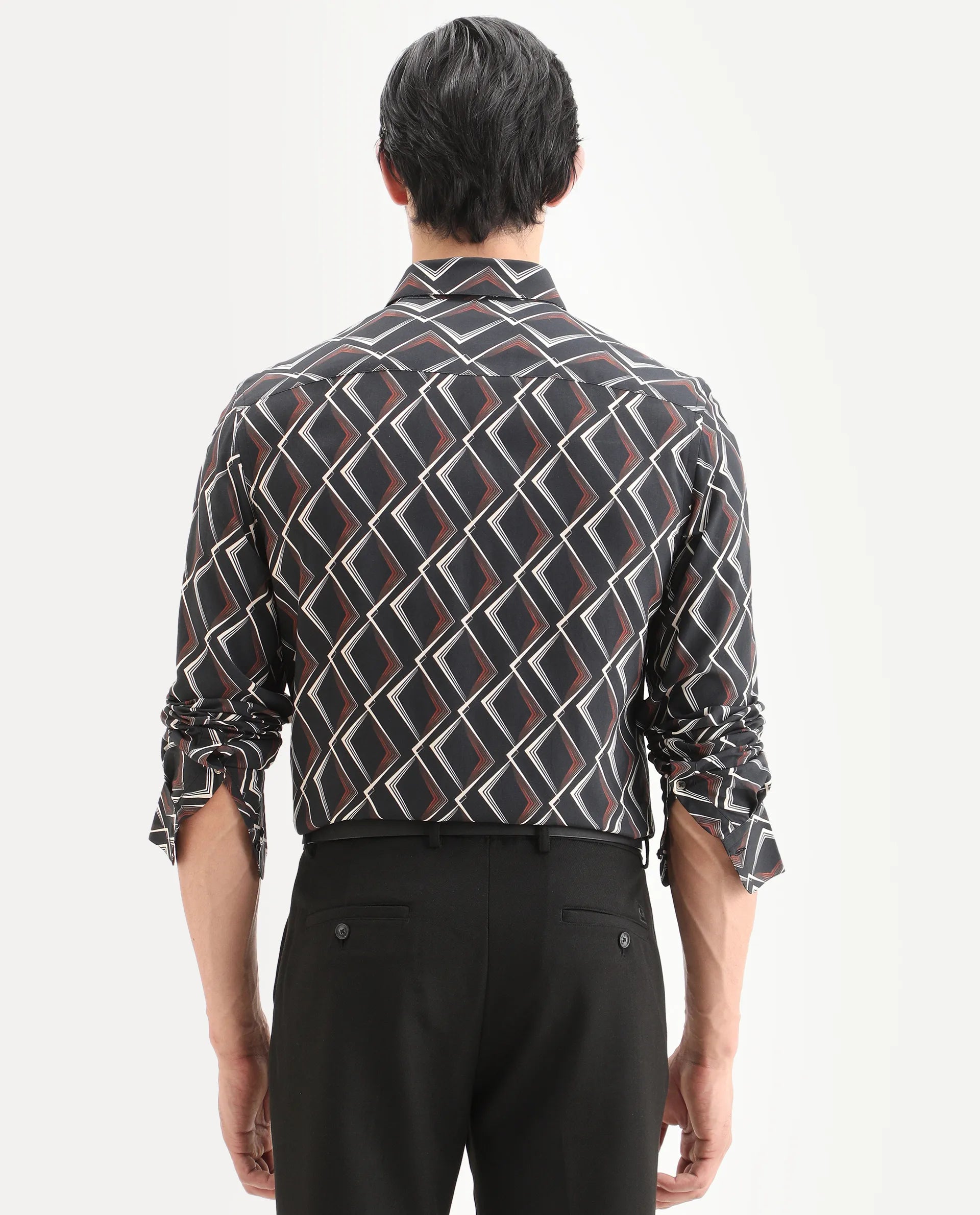 Rare Rabbit Men's Hurn Black Viscose Fabric Full Sleeve Spread Collar Regular Fit Geometric Print Shirt