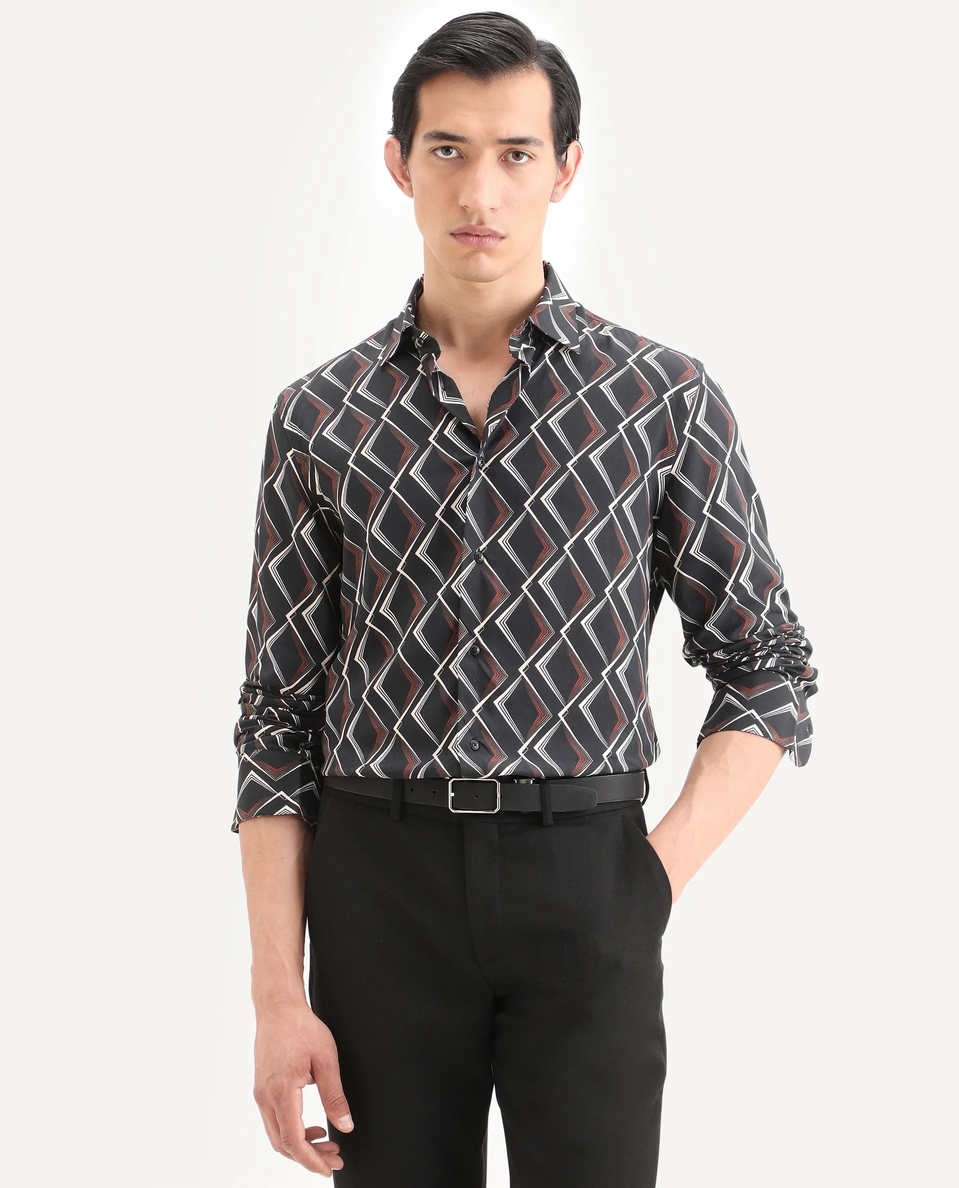 Rare Rabbit Men's Hurn Black Viscose Fabric Full Sleeve Spread Collar Regular Fit Geometric Print Shirt