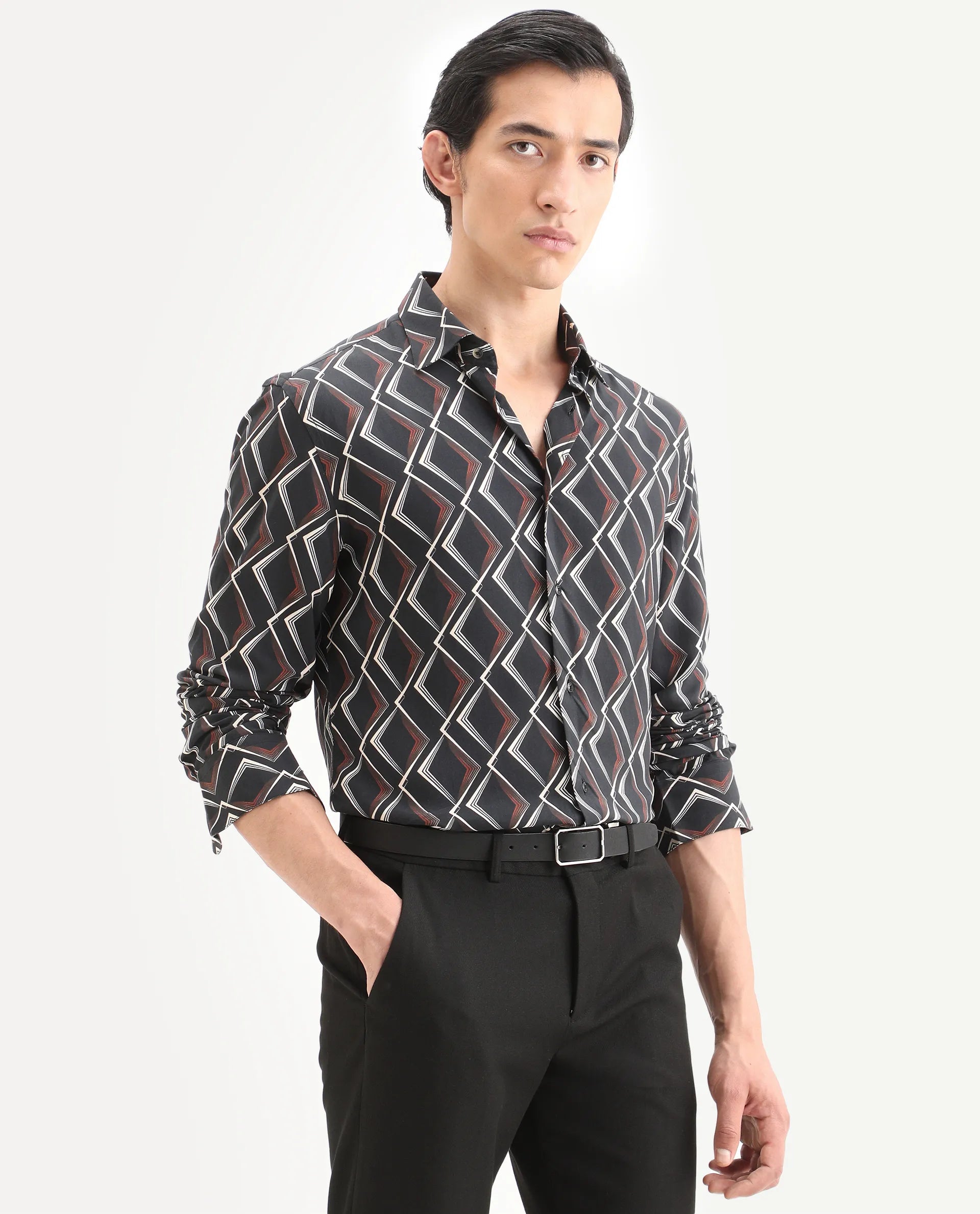 Rare Rabbit Men's Hurn Black Viscose Fabric Full Sleeve Spread Collar Regular Fit Geometric Print Shirt