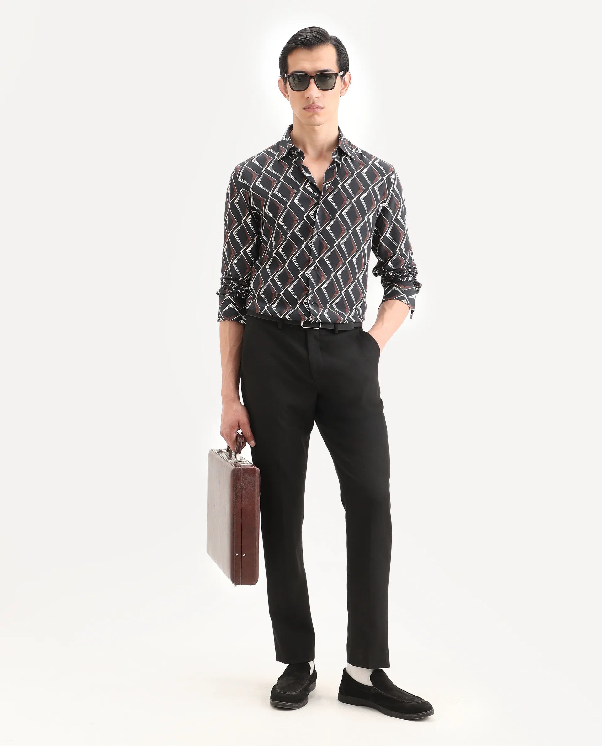 Rare Rabbit Men's Hurn Black Viscose Fabric Full Sleeve Spread Collar Regular Fit Geometric Print Shirt