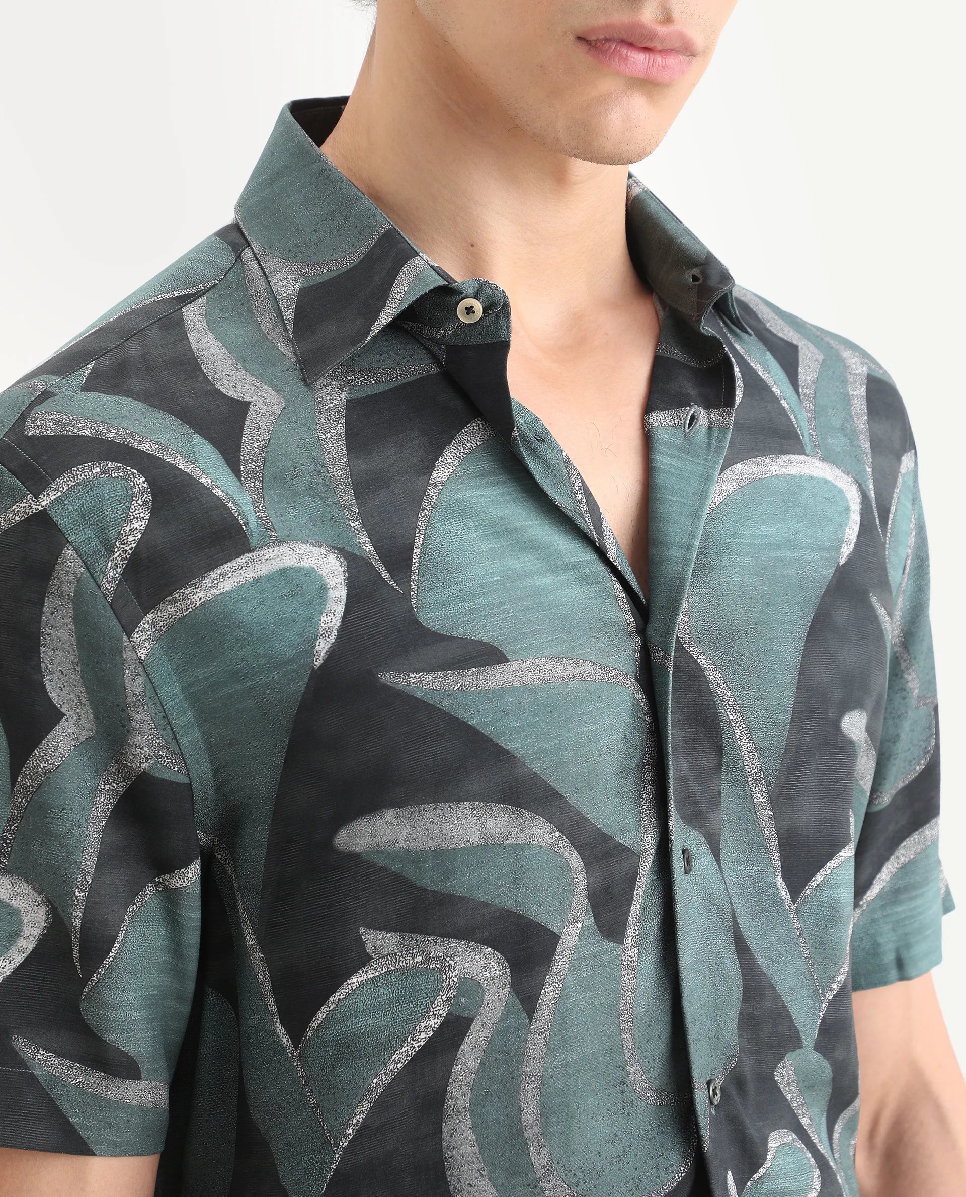Rare Rabbit Men's Jorp Dusky Green Viscose Fabric Half Sleeve Spread Collar Regular Fit Abstract Print Shirt