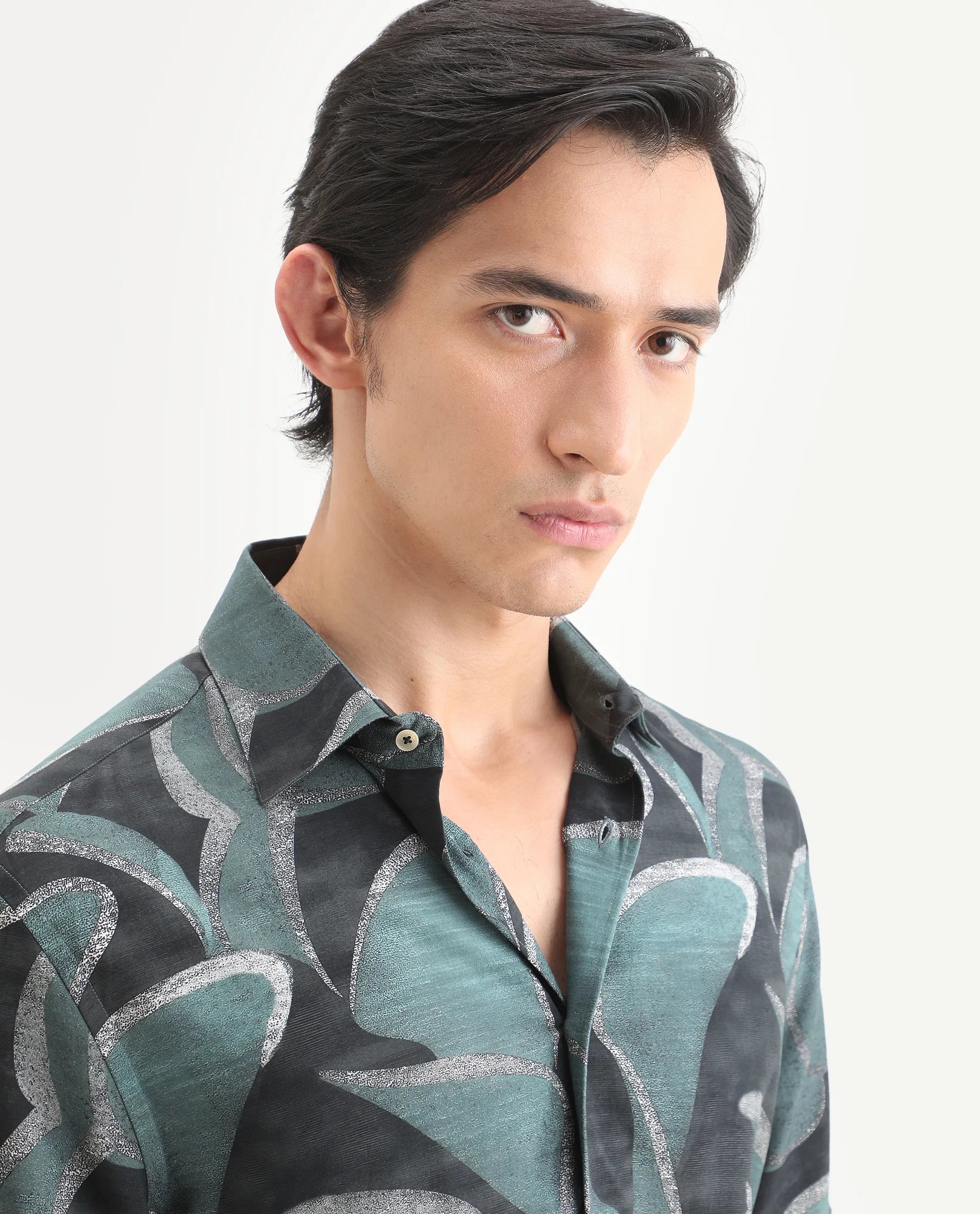 Rare Rabbit Men's Jorp Dusky Green Viscose Fabric Half Sleeve Spread Collar Regular Fit Abstract Print Shirt