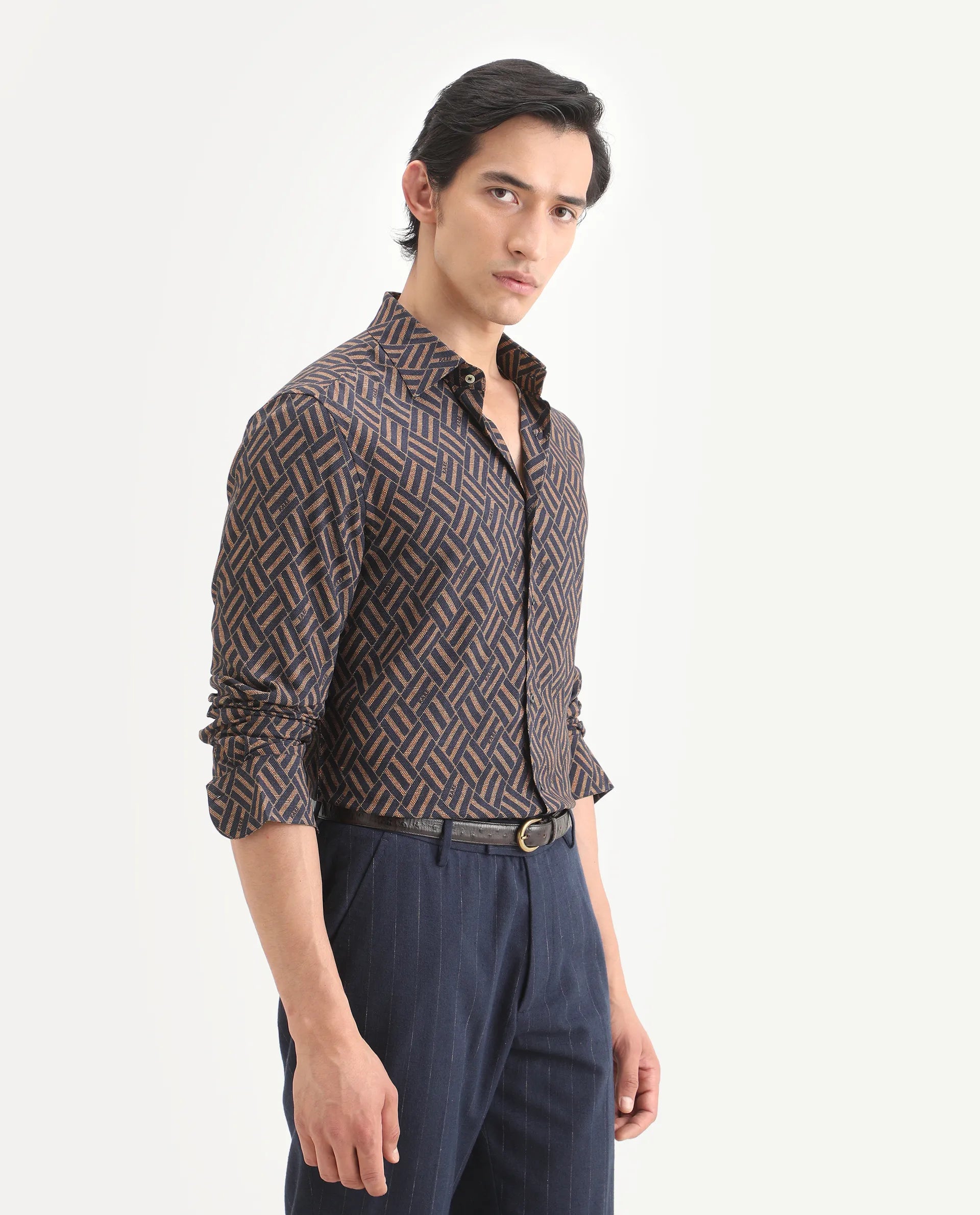 Rare Rabbit Men's Moto Dusky Navy Viscose Fabric Full Sleeve Spread Collar Regular Fit Geometric Print Shirt