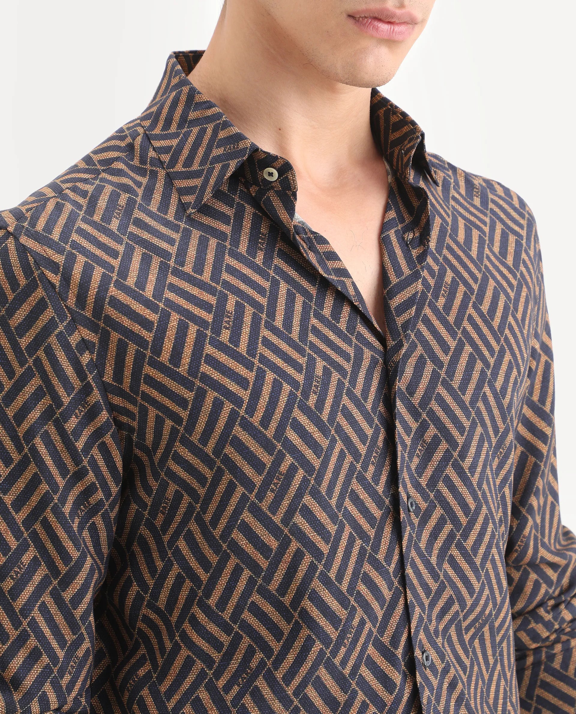 Rare Rabbit Men's Moto Dusky Navy Viscose Fabric Full Sleeve Spread Collar Regular Fit Geometric Print Shirt