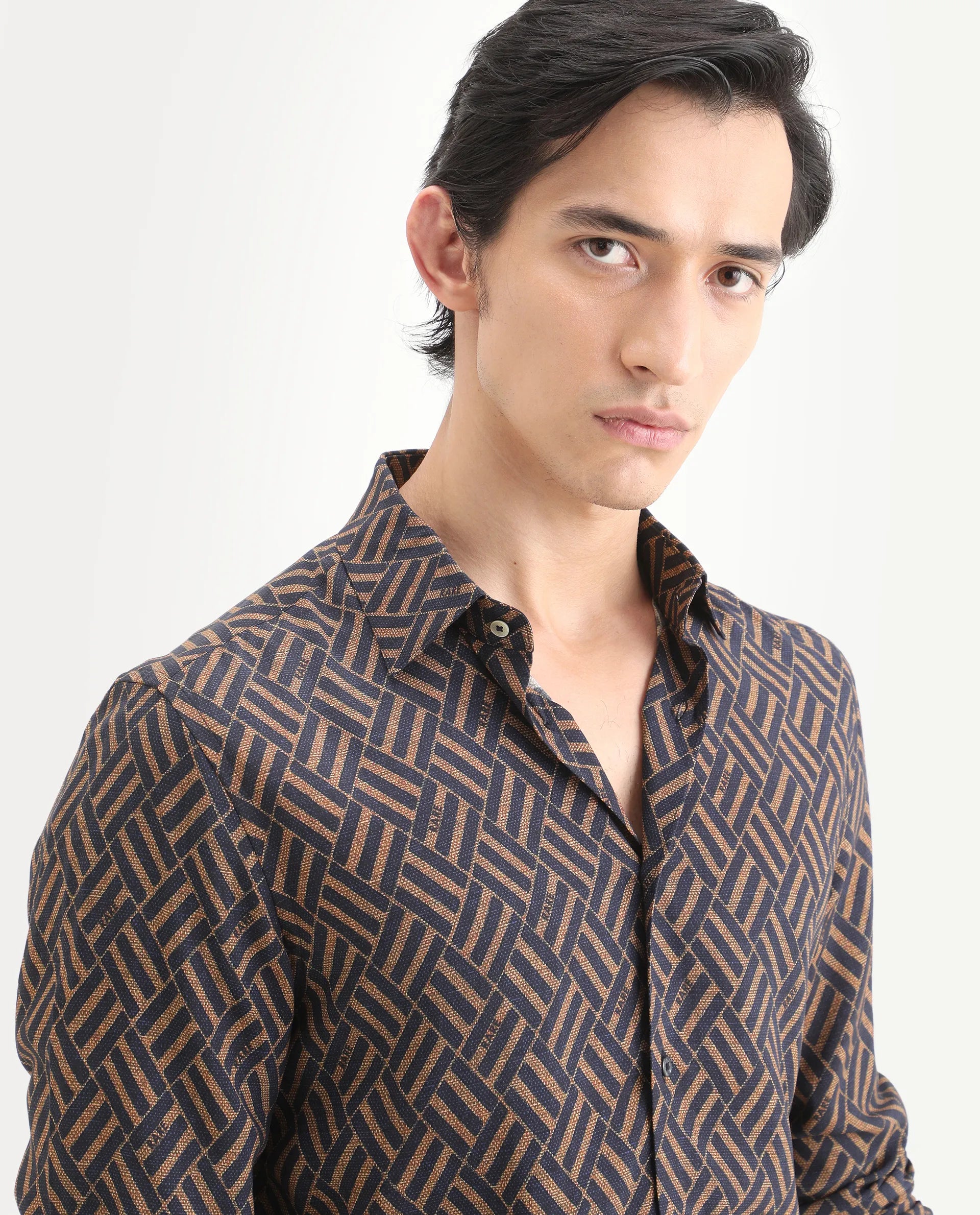 Rare Rabbit Men's Moto Dusky Navy Viscose Fabric Full Sleeve Spread Collar Regular Fit Geometric Print Shirt
