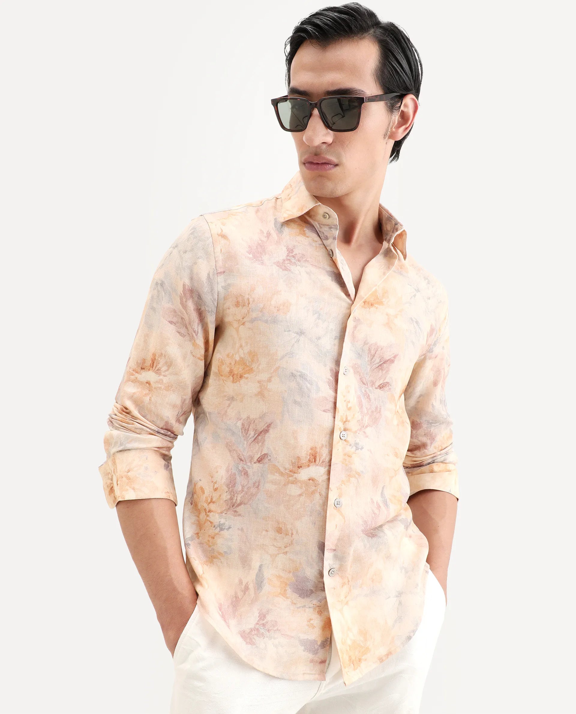 Rare Rabbit Men's Wolo Beige Linen Blend Fabric Full Sleeve Spread Collar Regular Fit Floral Print Shirt