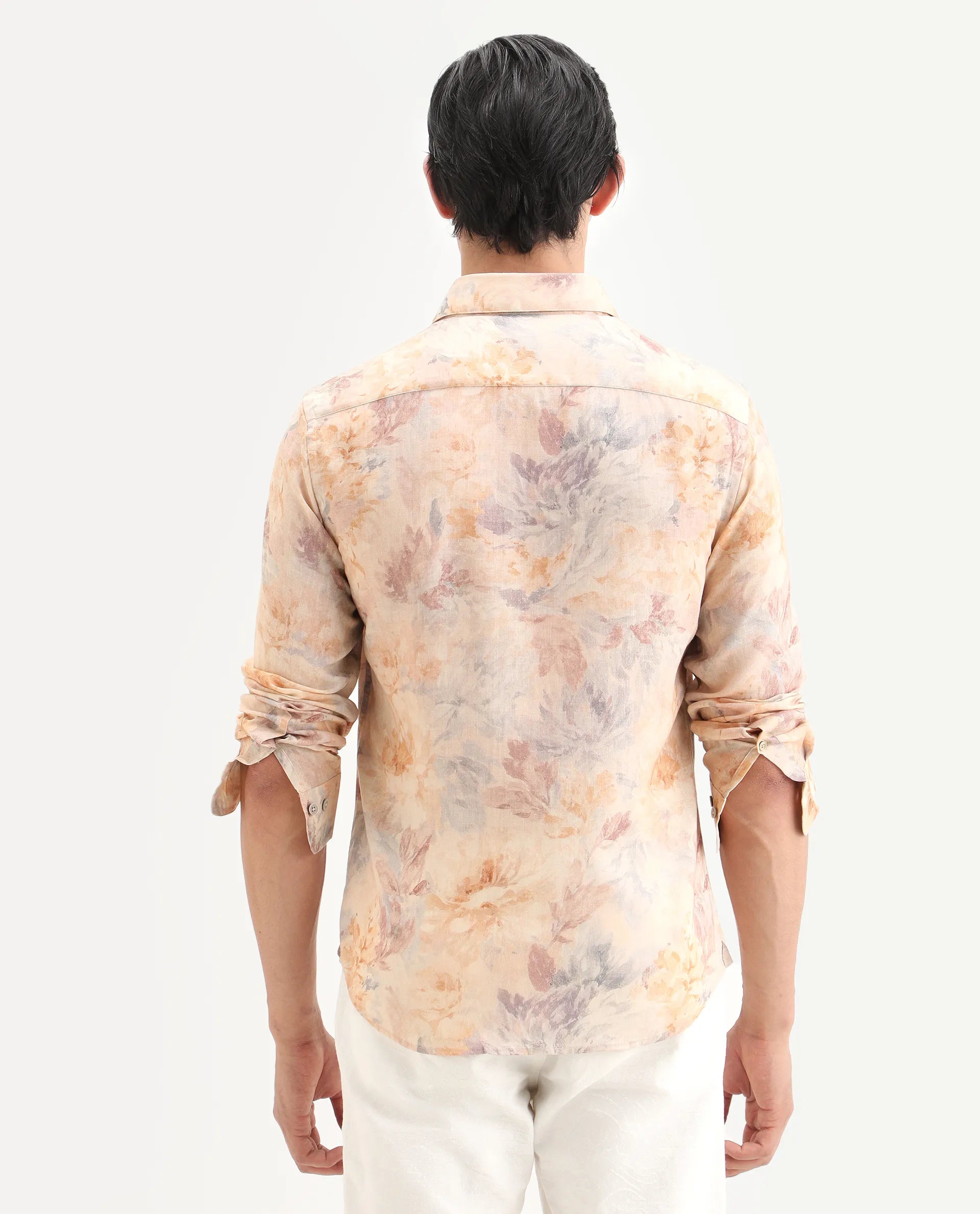 Rare Rabbit Men's Wolo Beige Linen Blend Fabric Full Sleeve Spread Collar Regular Fit Floral Print Shirt