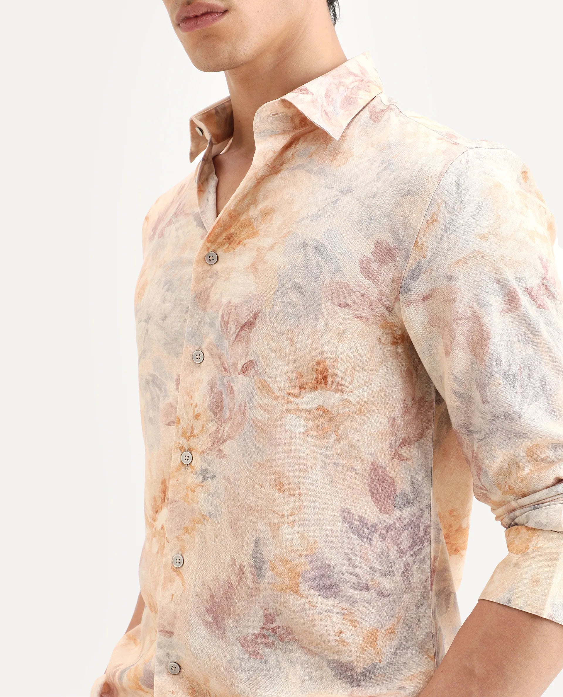 Rare Rabbit Men's Wolo Beige Linen Blend Fabric Full Sleeve Spread Collar Regular Fit Floral Print Shirt