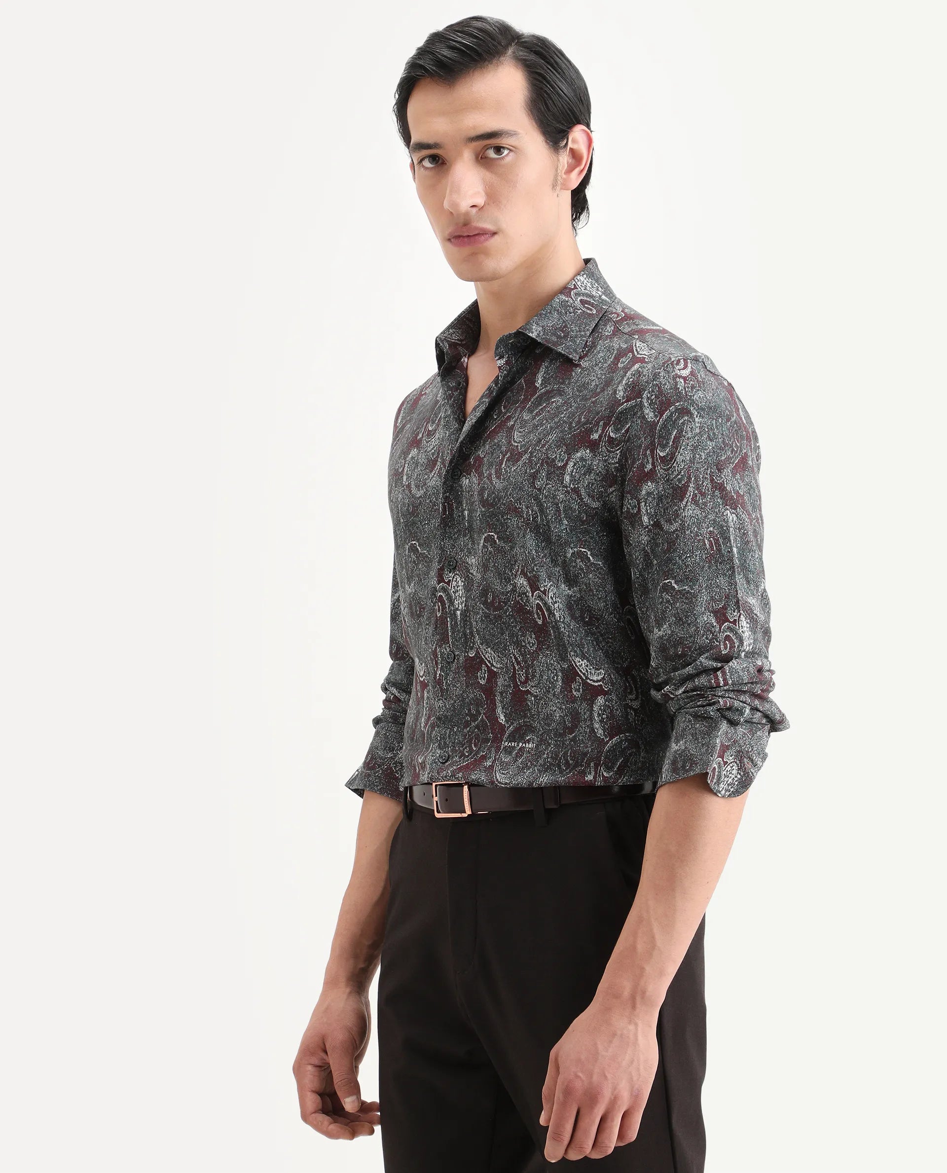 Rare Rabbit Men's Reva Dusky Grey Viscose Fabric Full Sleeve Spread Collar Regular Fit Paisley Print Shirt