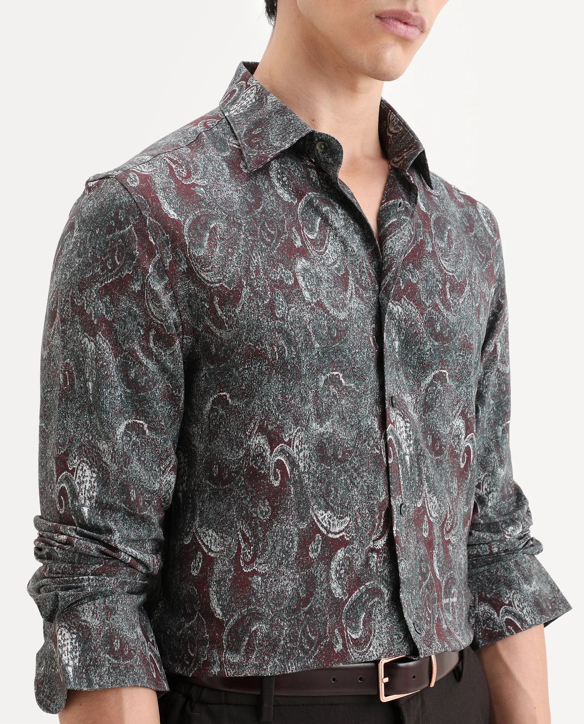 Rare Rabbit Men's Reva Dusky Grey Viscose Fabric Full Sleeve Spread Collar Regular Fit Paisley Print Shirt