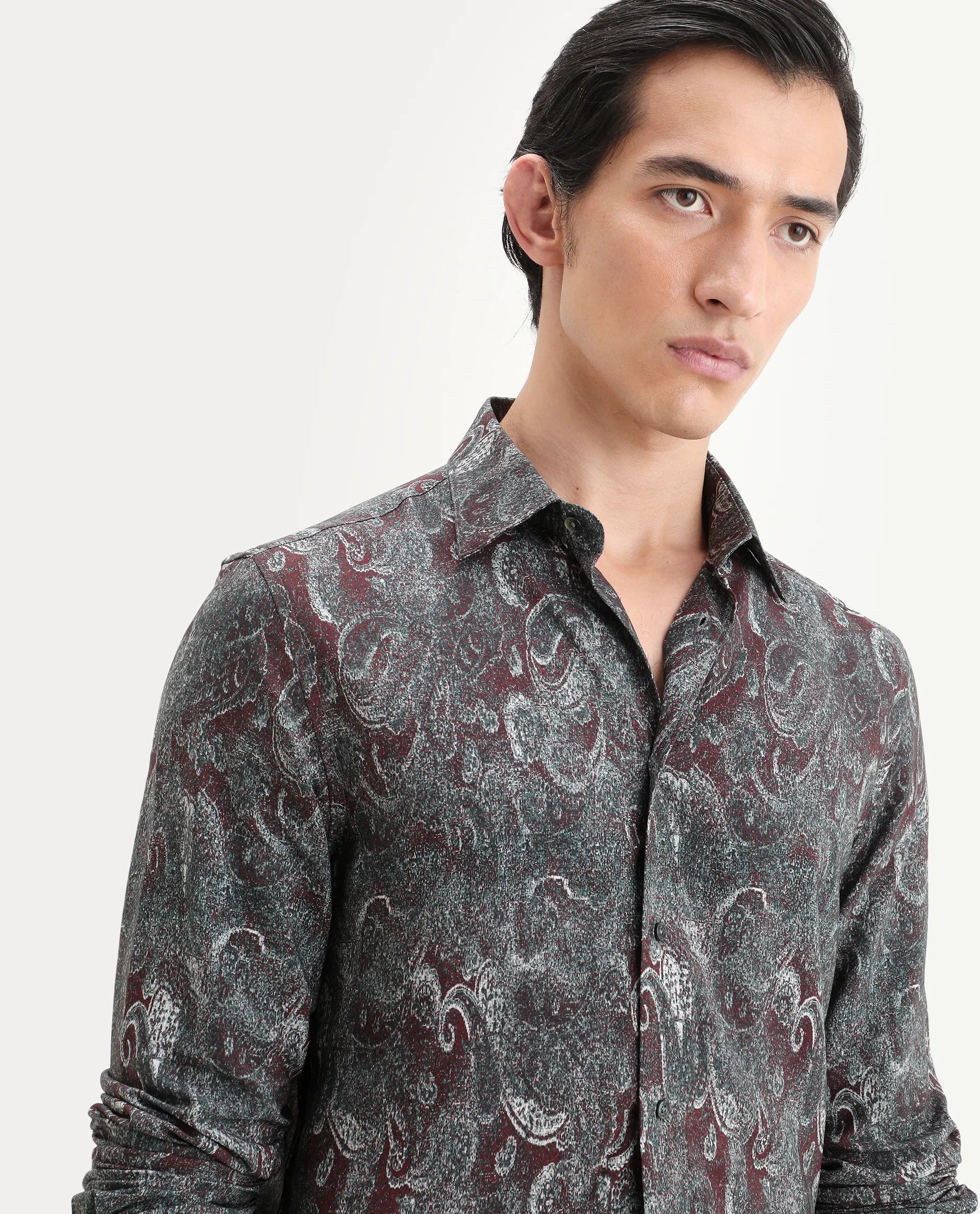 Rare Rabbit Men's Reva Dusky Grey Viscose Fabric Full Sleeve Spread Collar Regular Fit Paisley Print Shirt