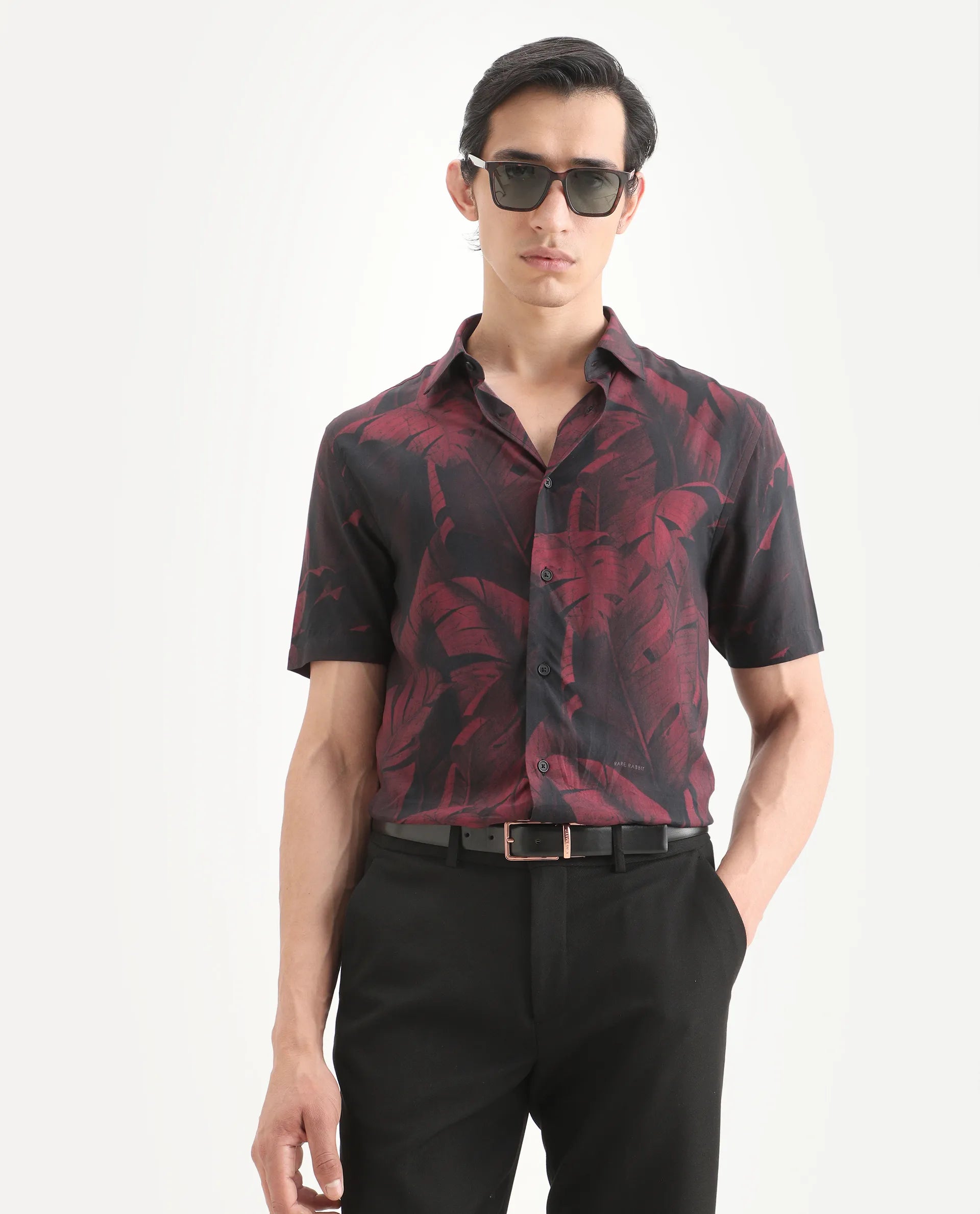 Rare Rabbit Men's Omra Dusky Red Viscose Fabric Half Sleeve Spread Collar Regular Fit Tropical Print Shirt