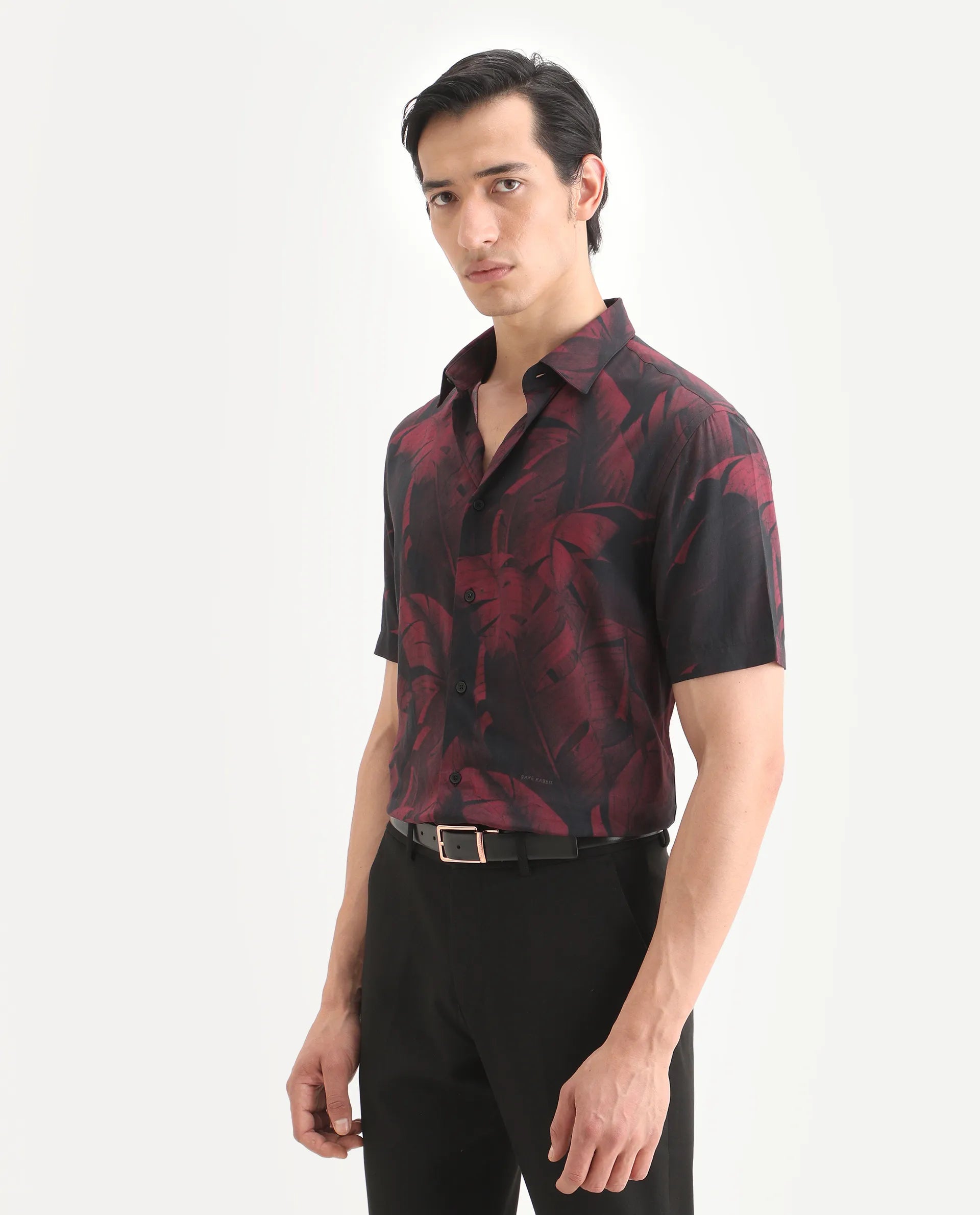 Rare Rabbit Men's Omra Dusky Red Viscose Fabric Half Sleeve Spread Collar Regular Fit Tropical Print Shirt