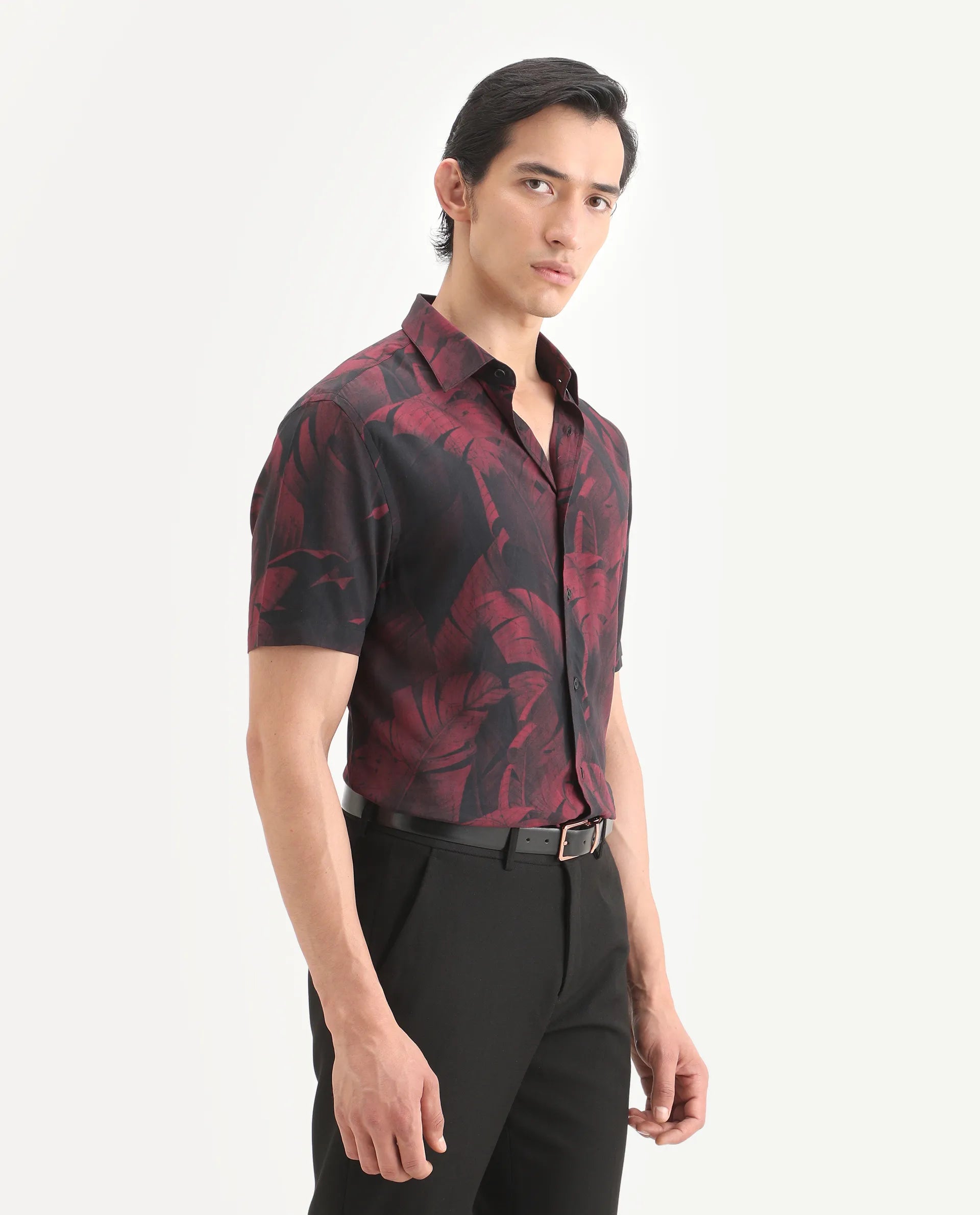 Rare Rabbit Men's Omra Dusky Red Viscose Fabric Half Sleeve Spread Collar Regular Fit Tropical Print Shirt