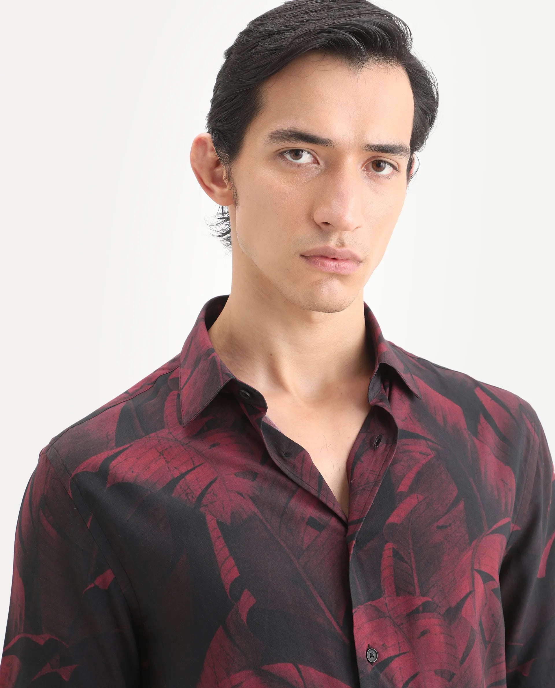 Rare Rabbit Men's Omra Dusky Red Viscose Fabric Half Sleeve Spread Collar Regular Fit Tropical Print Shirt