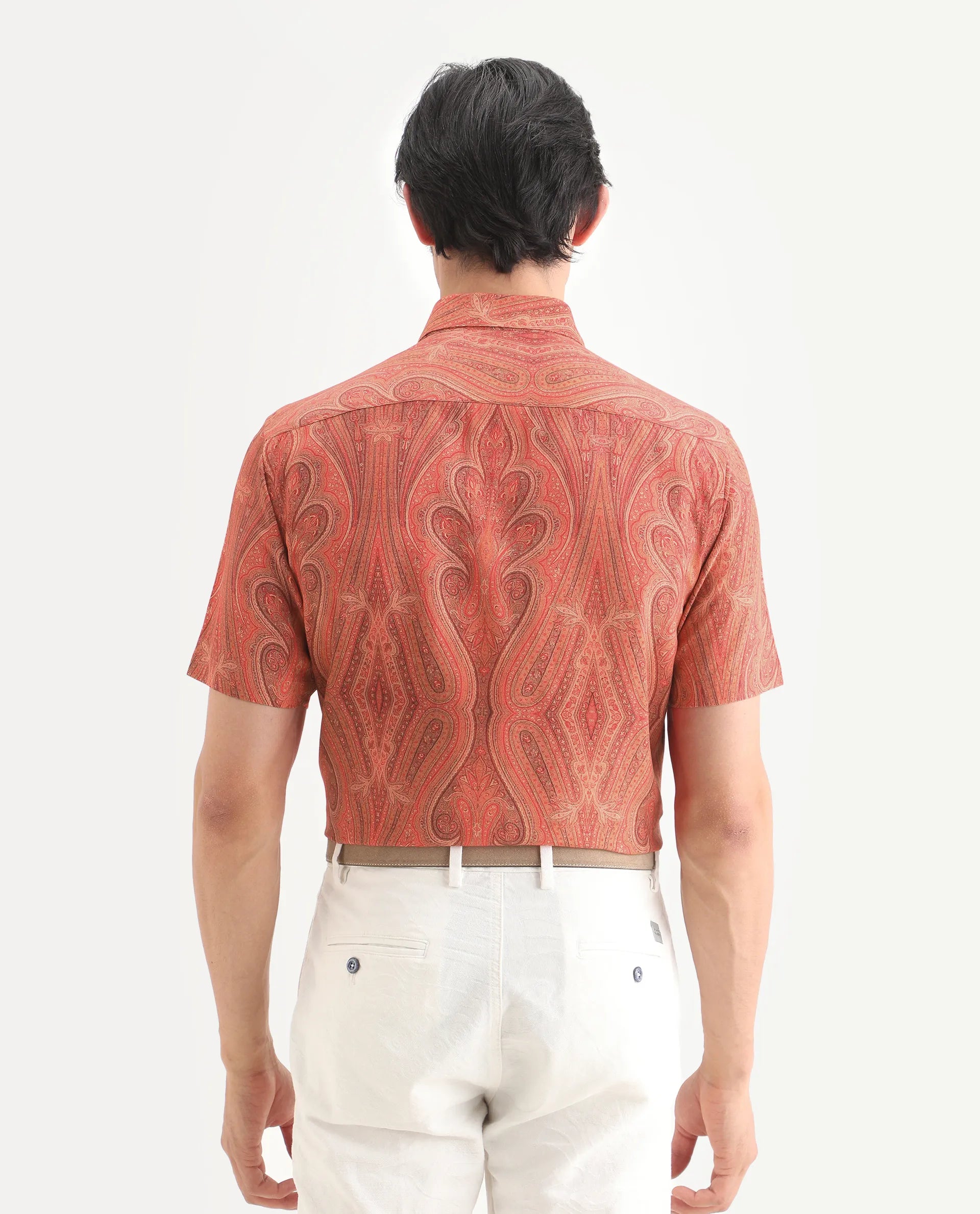 Rare Rabbit Men's Kian Red Viscose Fabric Half Sleeve Spread Collar Regular Fit Paisley Print Shirt