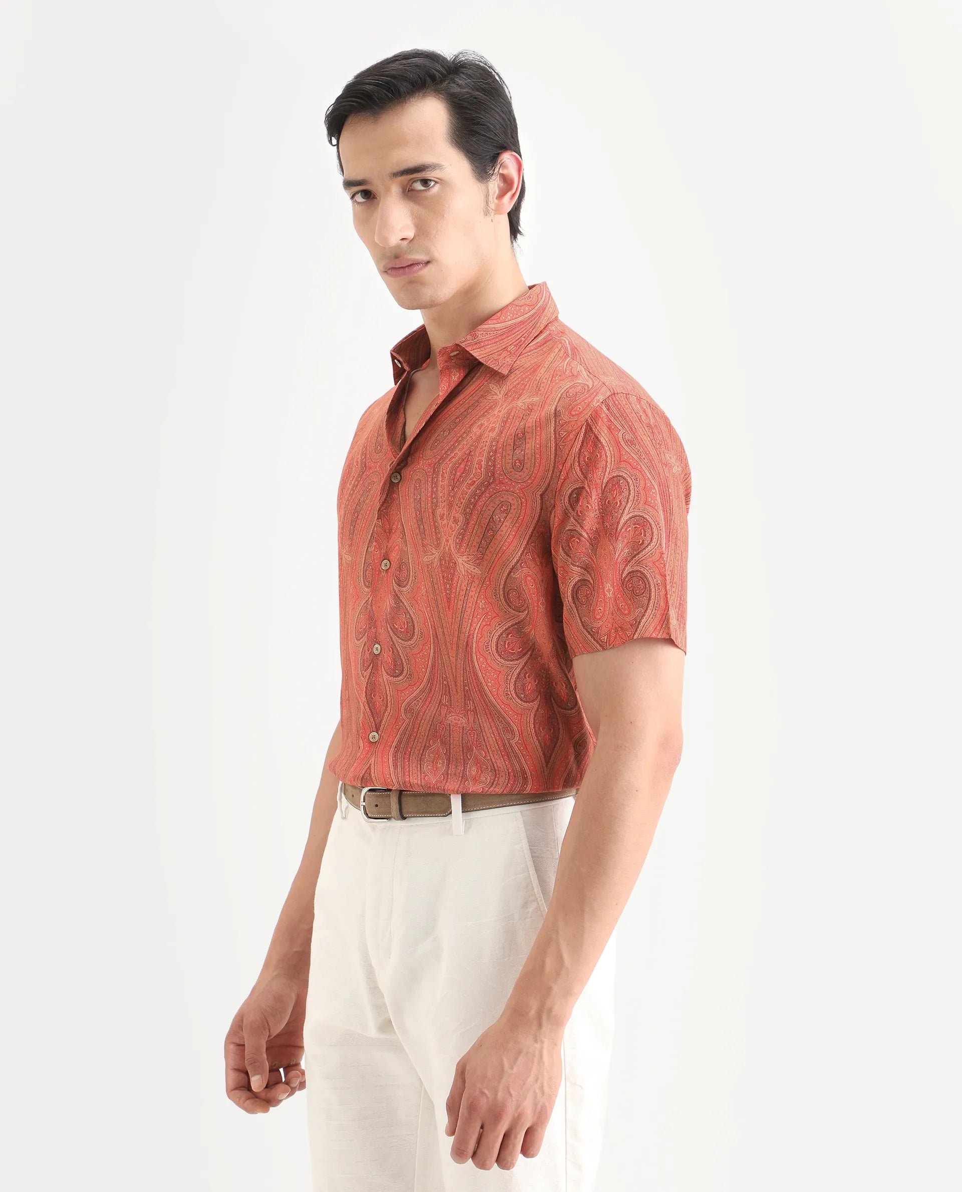Rare Rabbit Men's Kian Red Viscose Fabric Half Sleeve Spread Collar Regular Fit Paisley Print Shirt