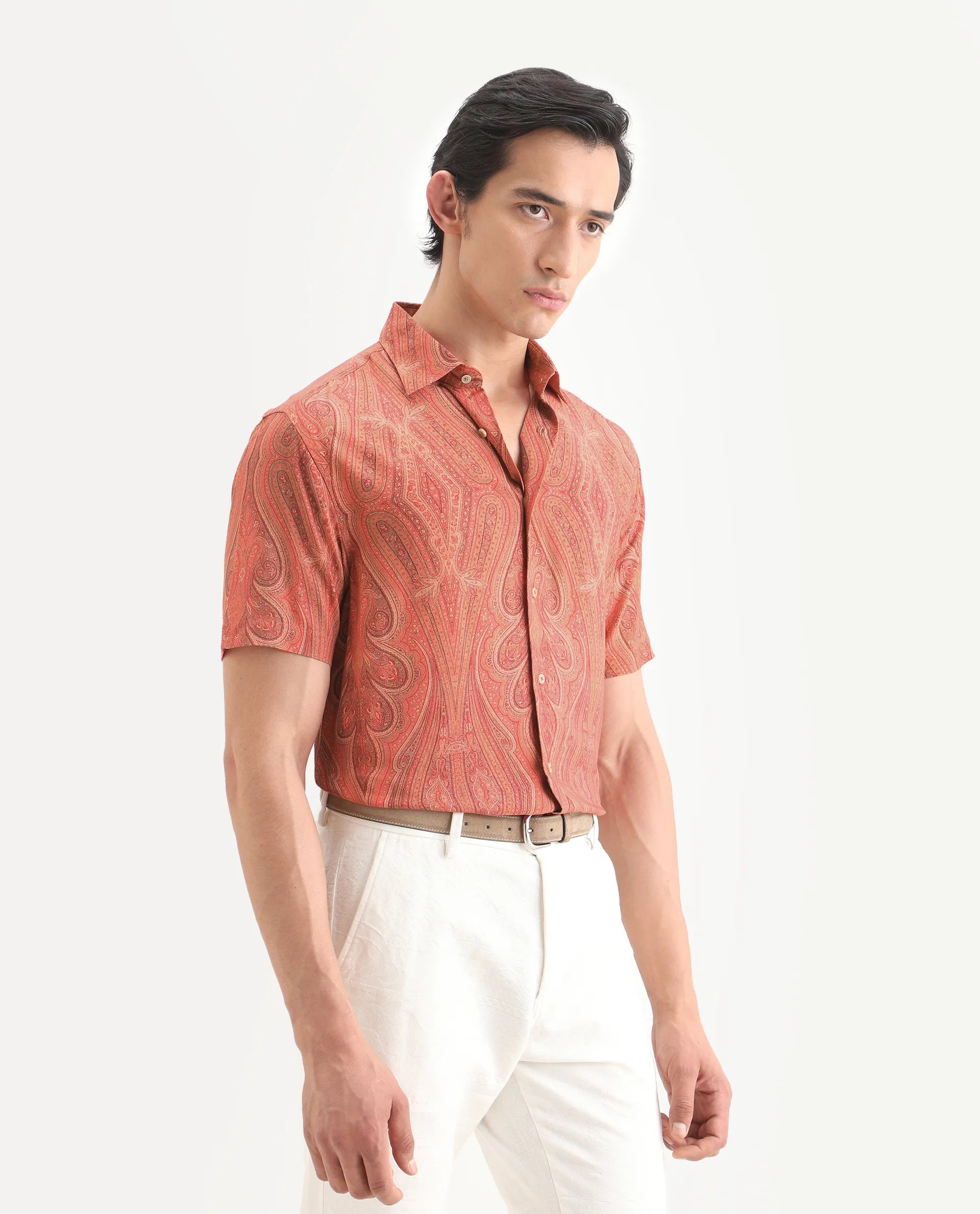 Rare Rabbit Men's Kian Red Viscose Fabric Half Sleeve Spread Collar Regular Fit Paisley Print Shirt