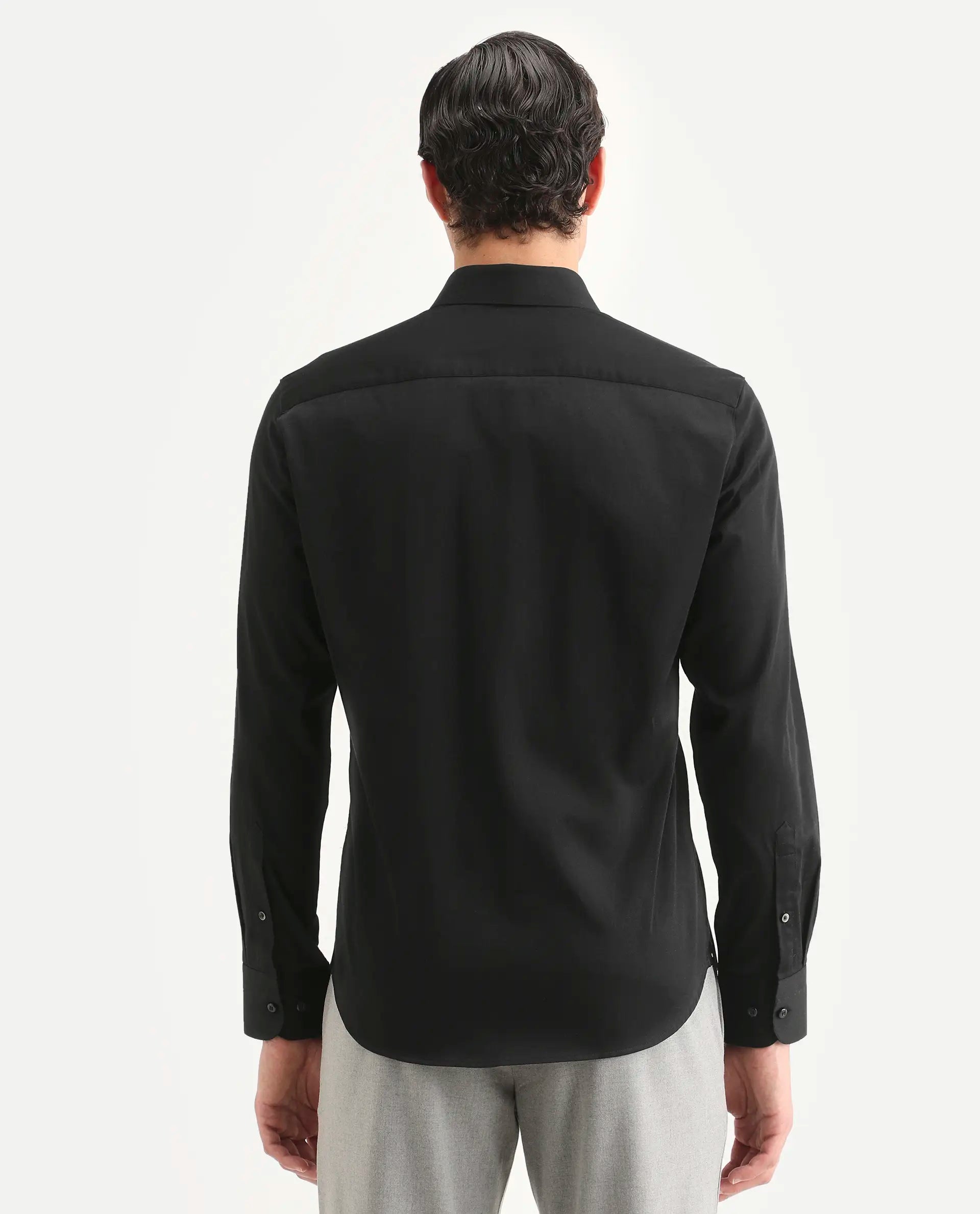 Rare Rabbit Men's Como-27 Black Cotton Blend Fabric Full Sleeve Spread Collar Regular Fit Plain Shirt