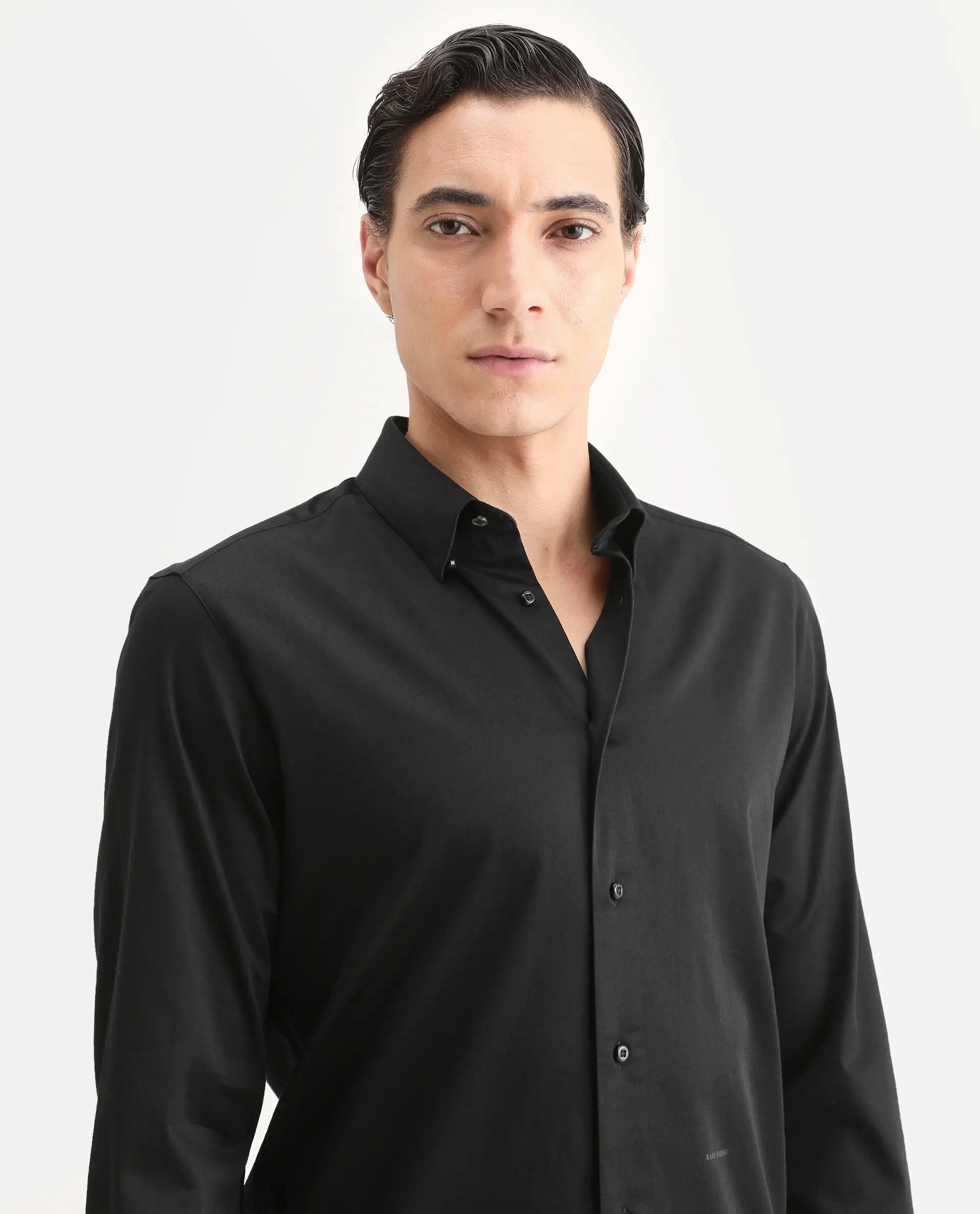Rare Rabbit Men's Como-27 Black Cotton Blend Fabric Full Sleeve Spread Collar Regular Fit Plain Shirt