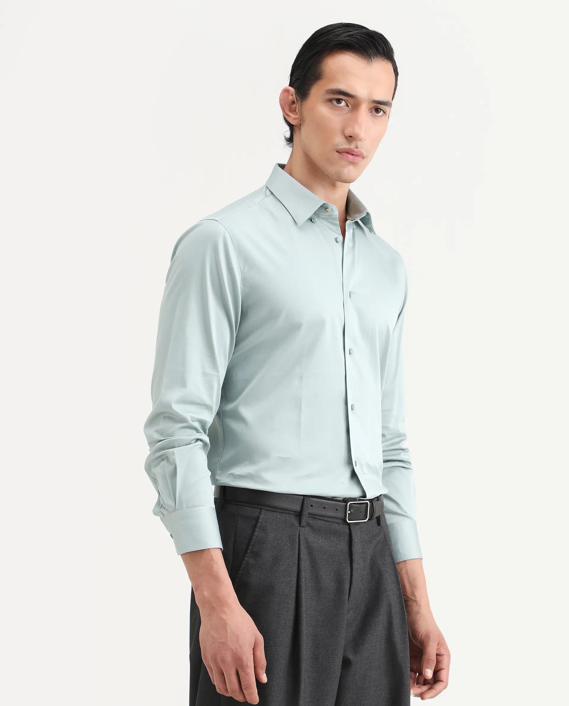 Rare Rabbit Men's Como-27 Dusky Blue Cotton Blend Fabric Full Sleeve Spread Collar Regular Fit Plain Shirt