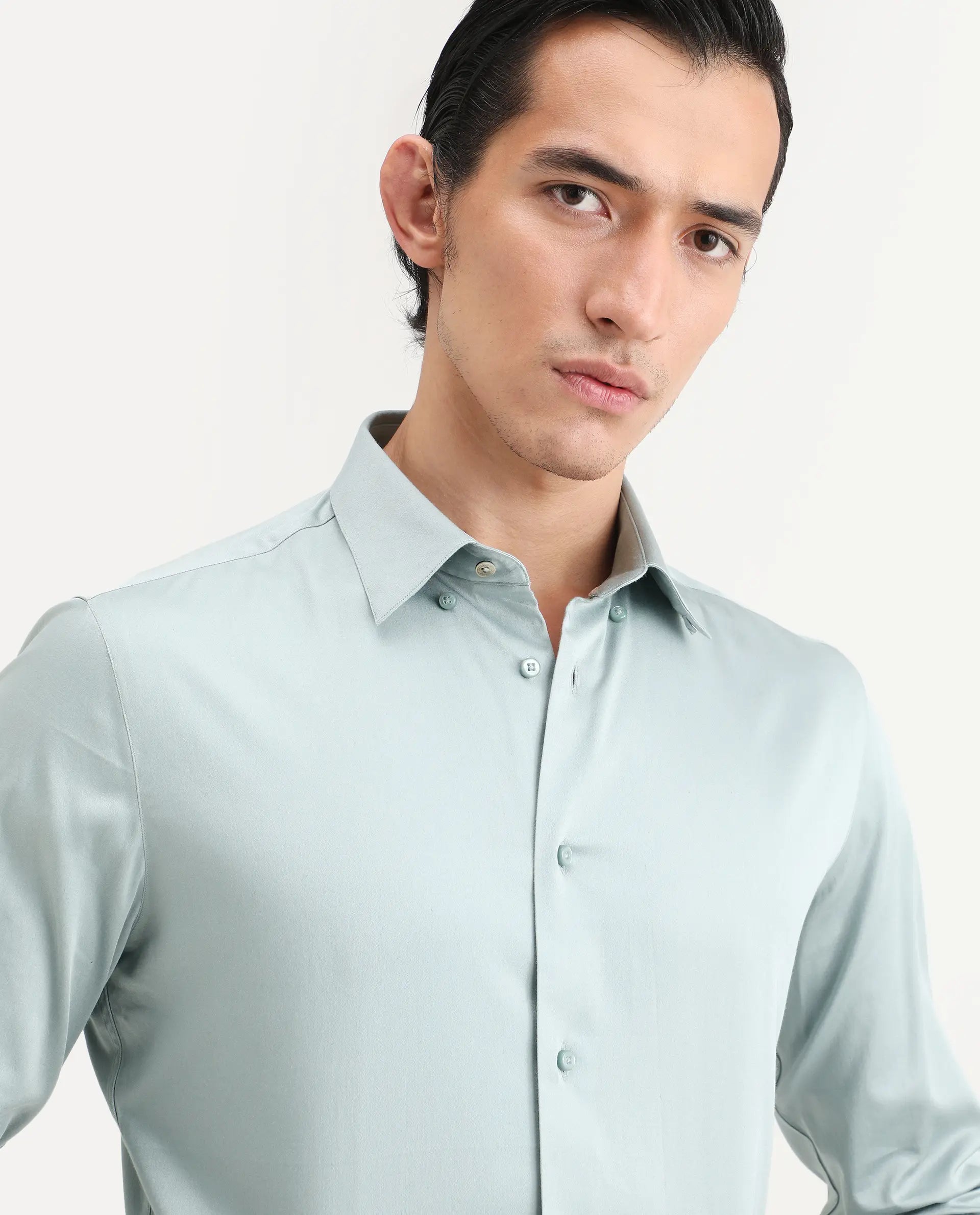 Rare Rabbit Men's Como-27 Dusky Blue Cotton Blend Fabric Full Sleeve Spread Collar Regular Fit Plain Shirt