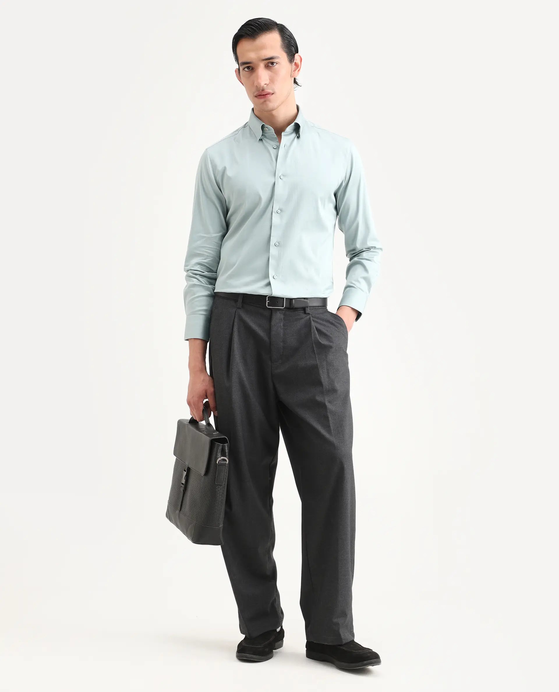 Rare Rabbit Men's Como-27 Dusky Blue Cotton Blend Fabric Full Sleeve Spread Collar Regular Fit Plain Shirt