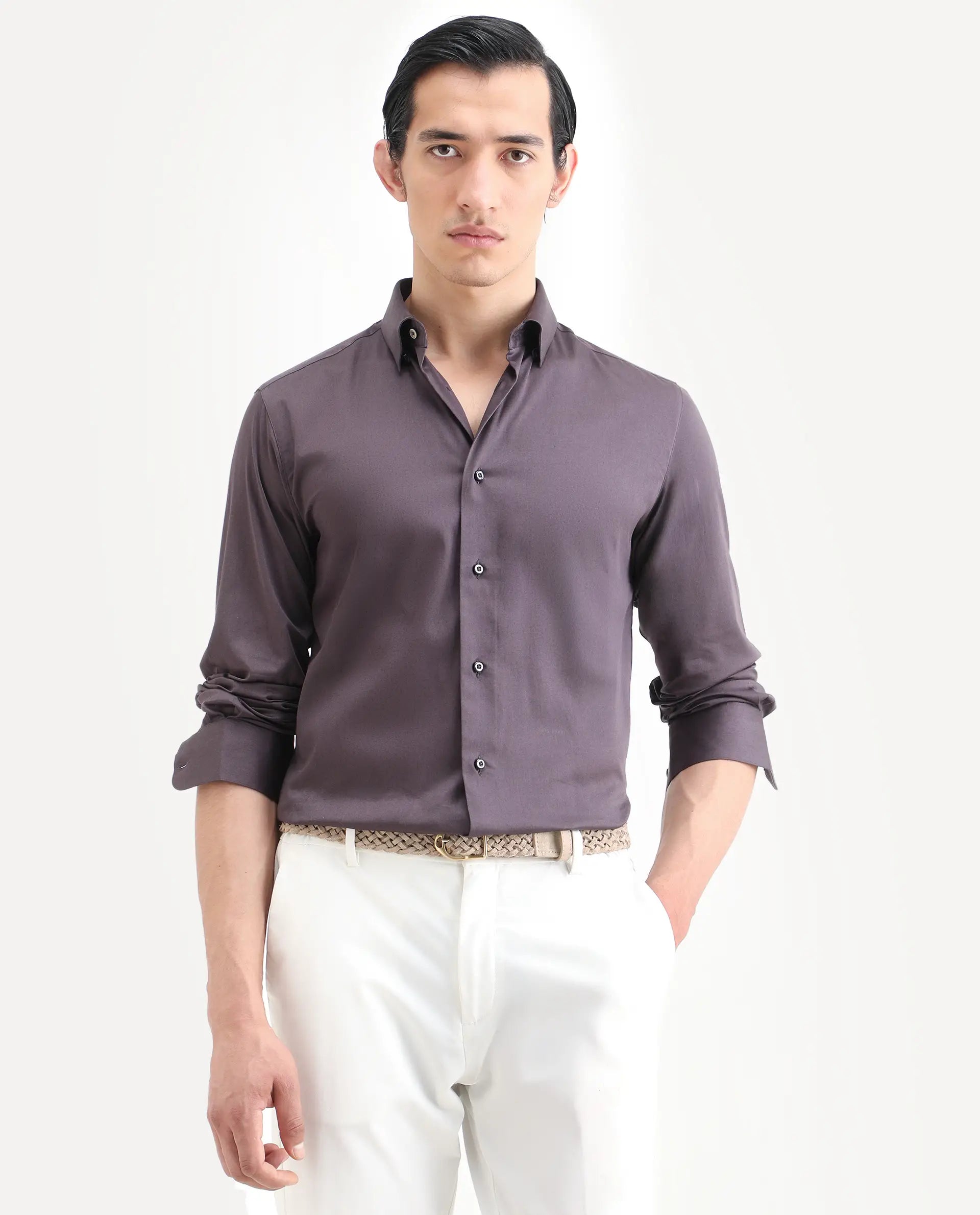 Rare Rabbit Men's Como-27 Purple Cotton Blend Fabric Full Sleeve Spread Collar Regular Fit Plain Shirt