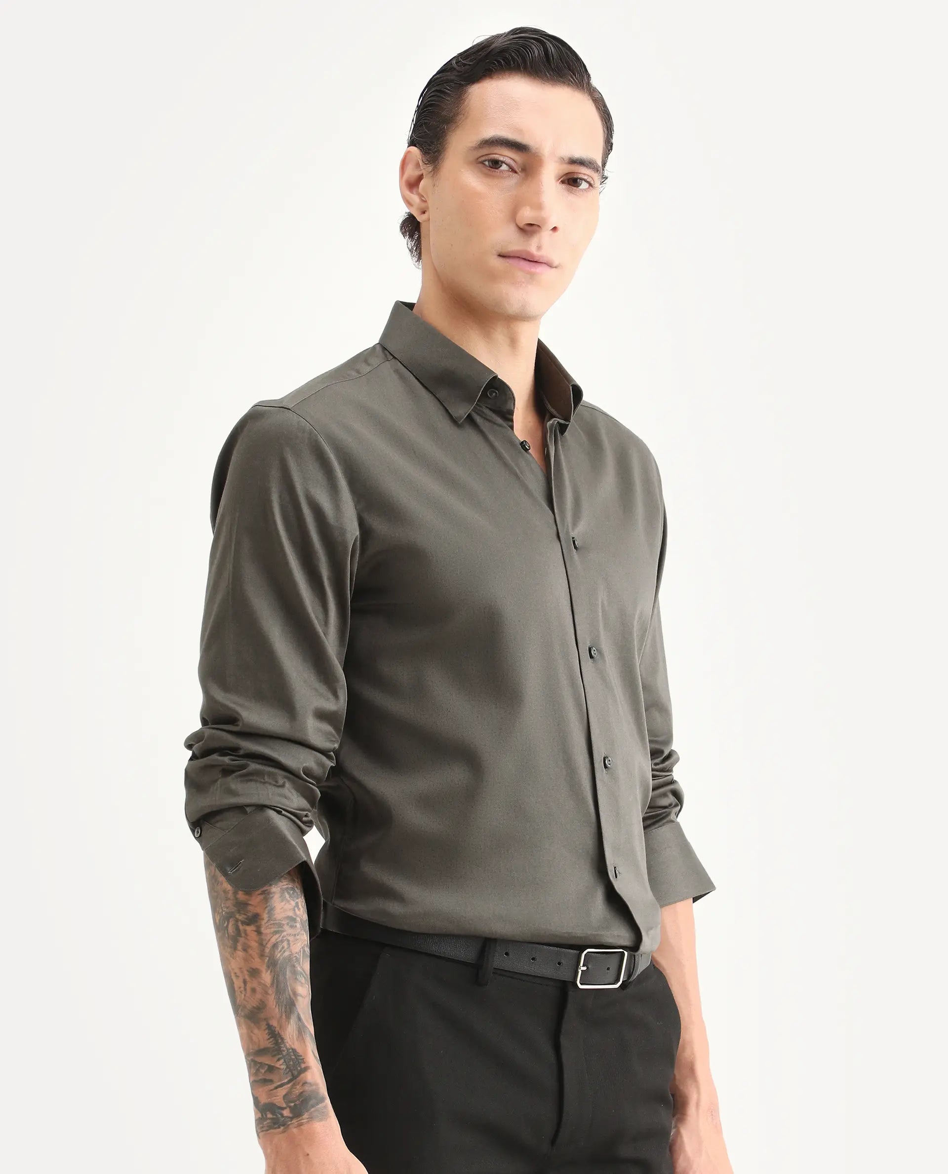 Rare Rabbit Men's Como-27 Dusky Olive Cotton Blend Fabric Full Sleeve Spread Collar Regular Fit Plain Shirt