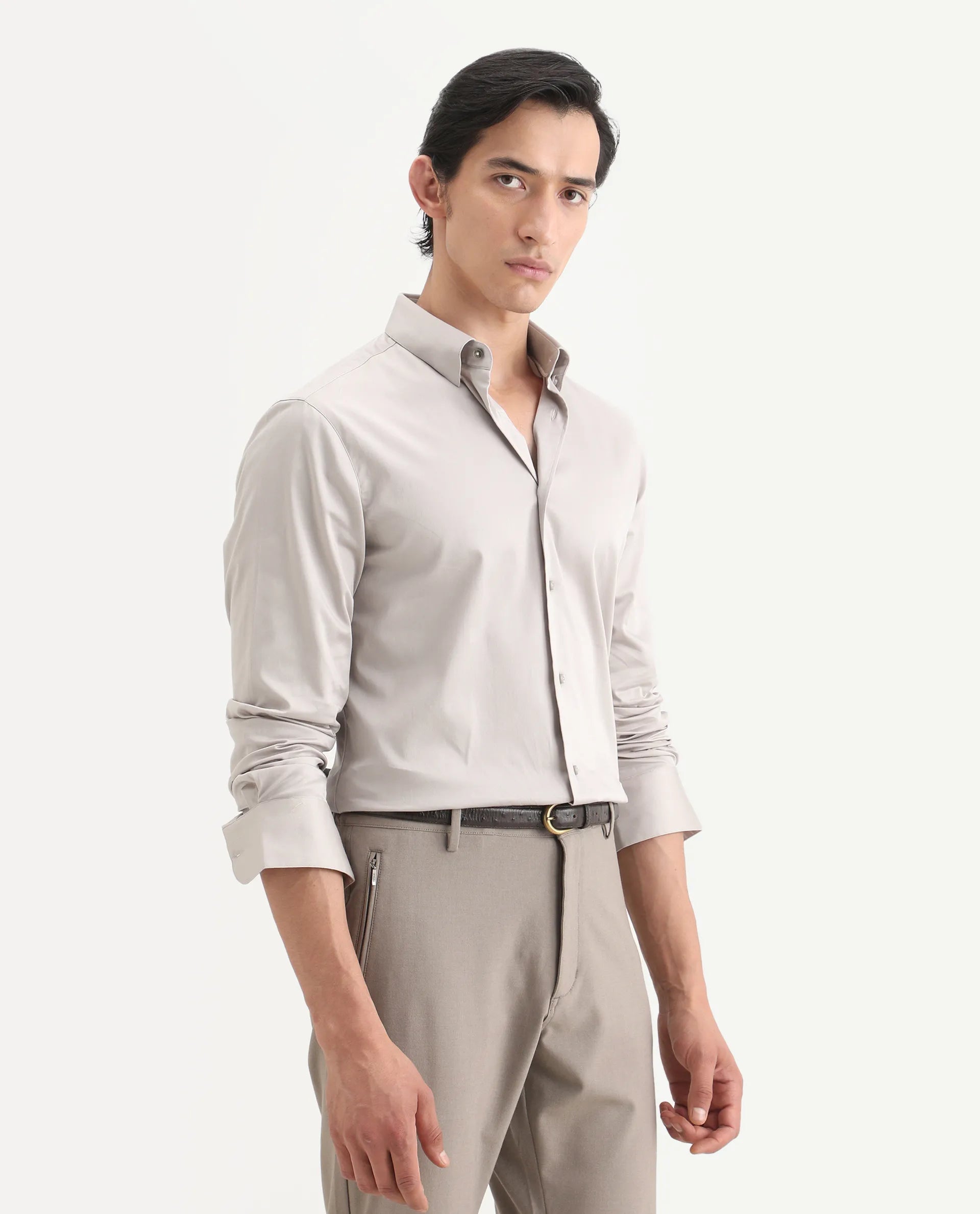 Rare Rabbit Men's Como-27 Dusky Beige Cotton Blend Fabric Full Sleeve Spread Collar Regular Fit Plain Shirt