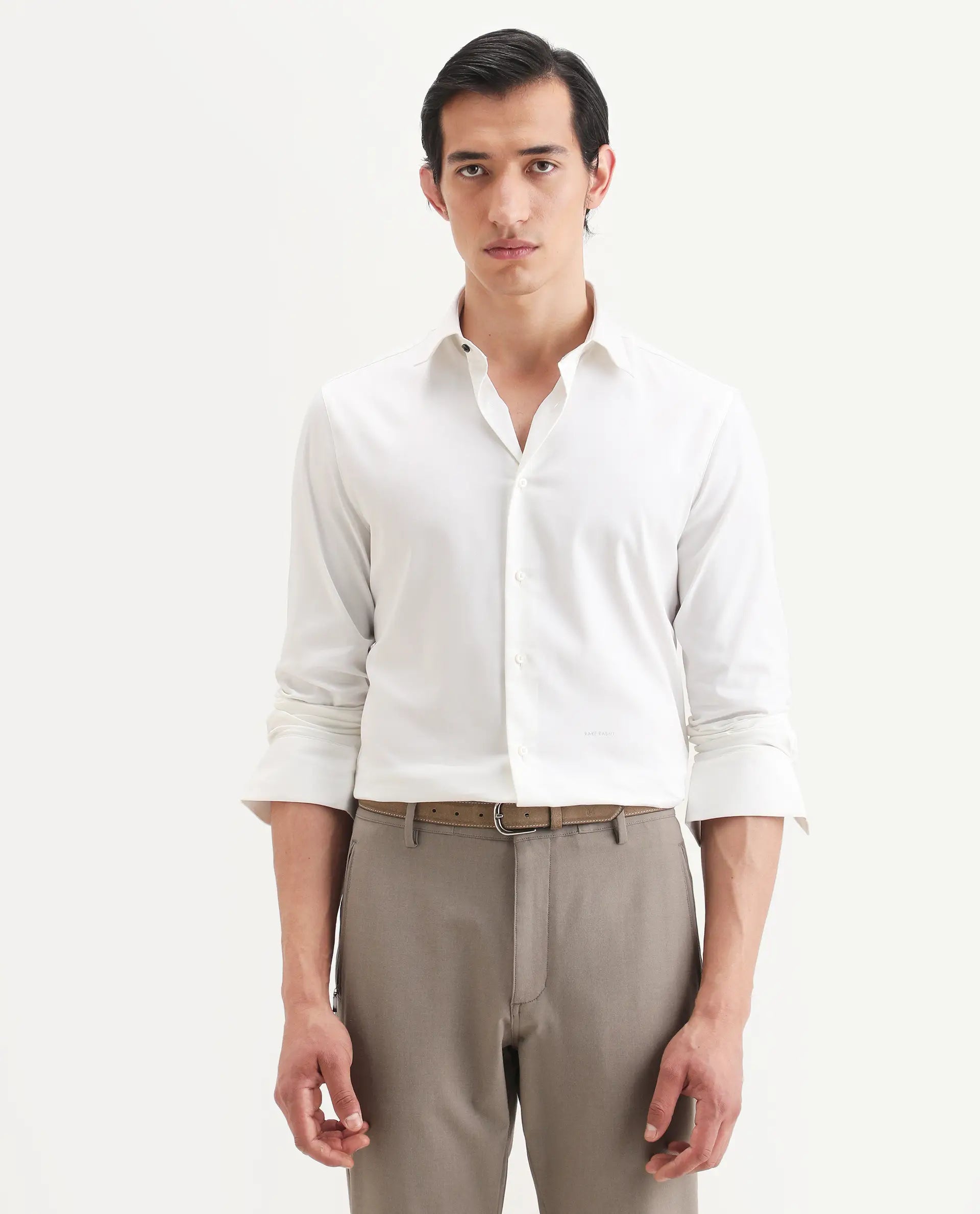 Rare Rabbit Men's Holla-Ss26 White Cotton Blend Fabric Full Sleeve Spread Collar Regular Fit Plain Shirt