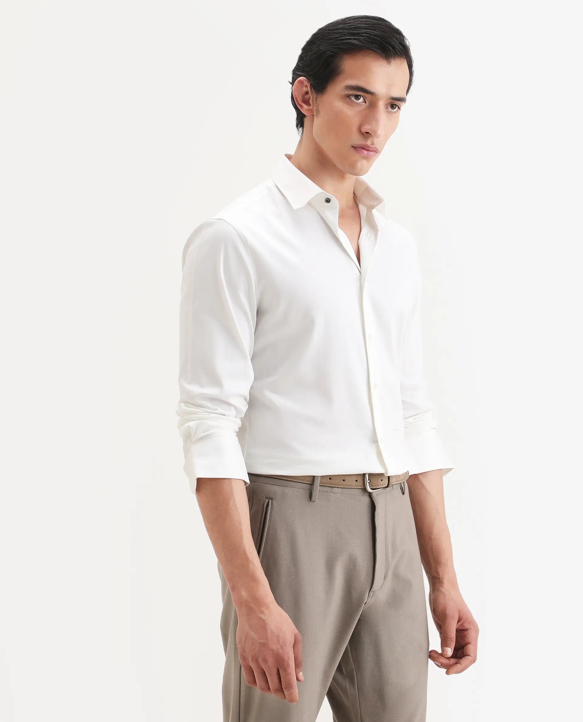 Rare Rabbit Men's Holla-Ss26 White Cotton Blend Fabric Full Sleeve Spread Collar Regular Fit Plain Shirt