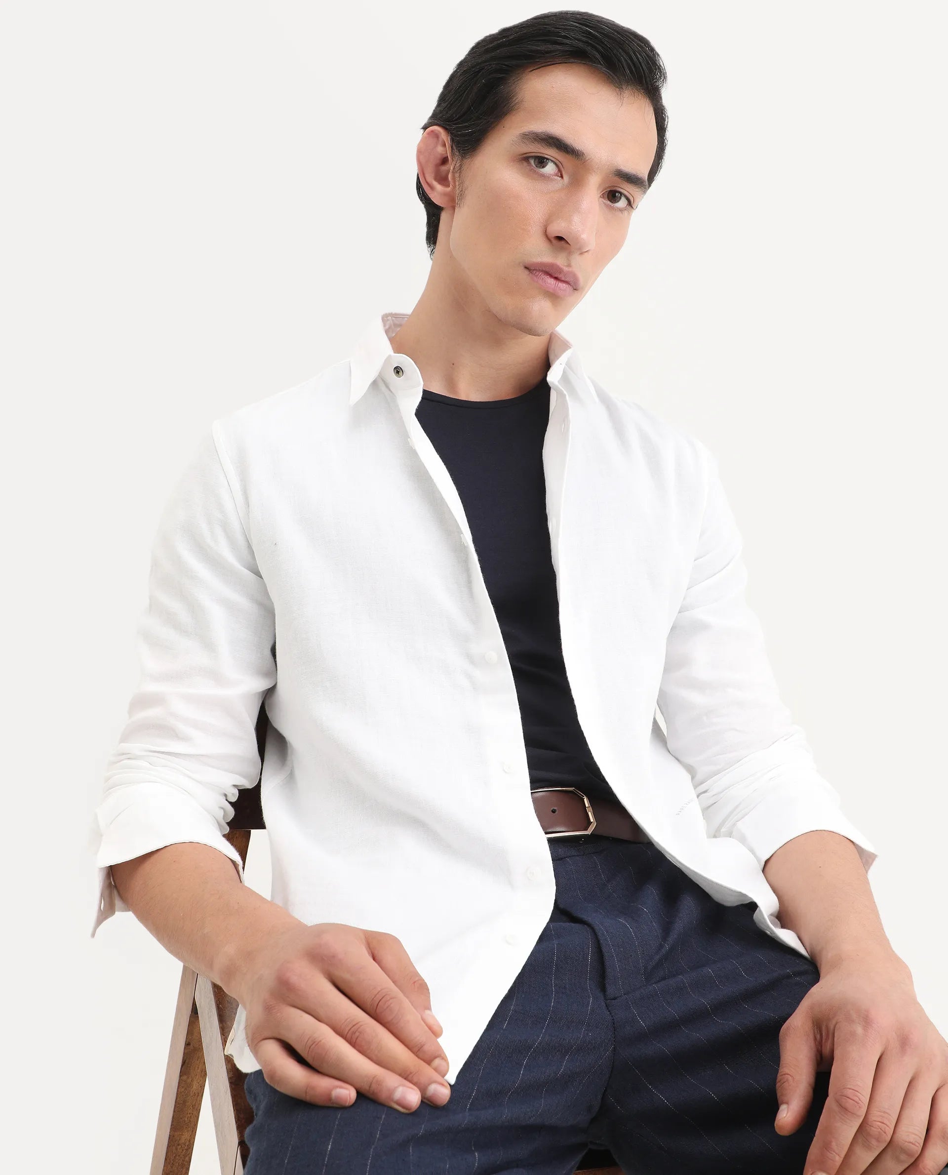 Rare Rabbit Men's Layerr-Ls White Cotton Fabric Full Sleeve Spread Collar Regular Fit Plain Shirt