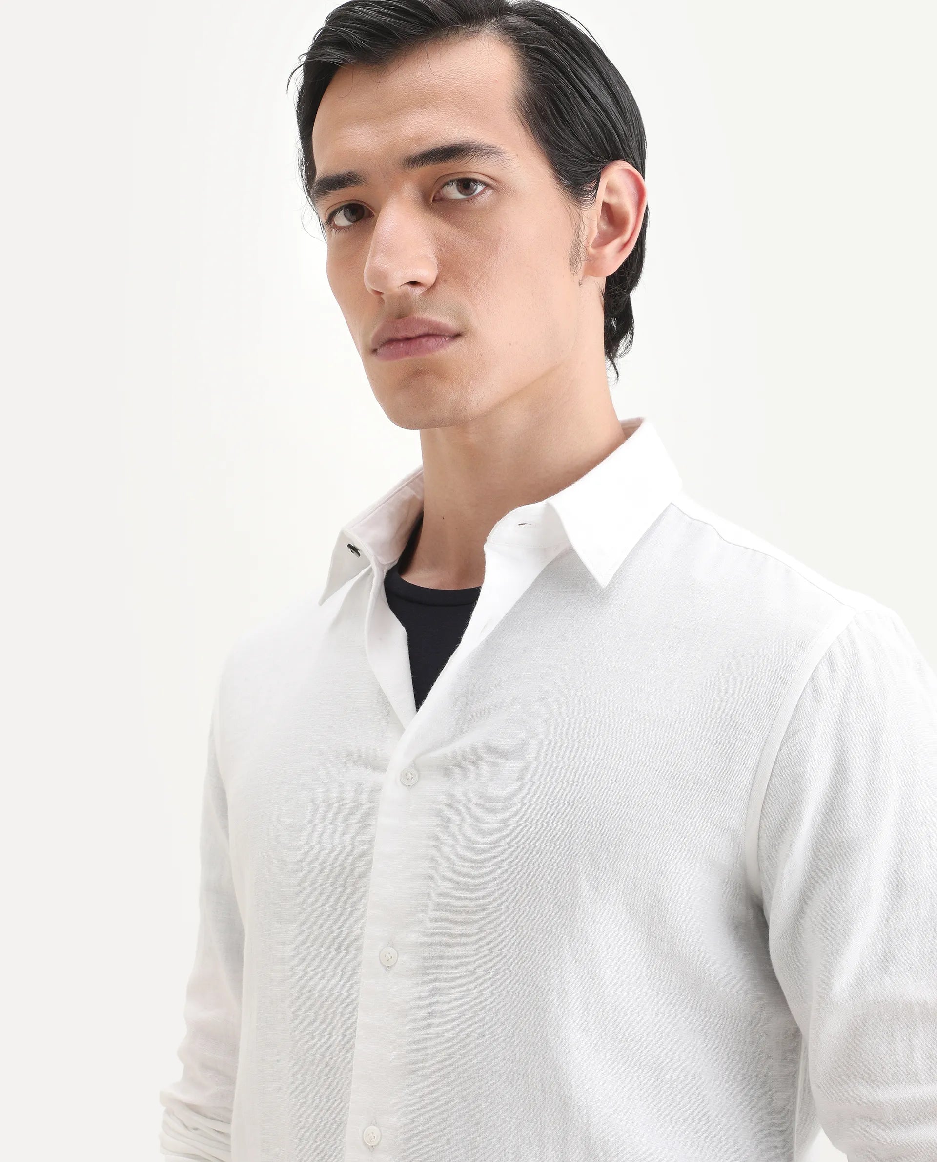 Rare Rabbit Men's Layerr-Ls White Cotton Fabric Full Sleeve Spread Collar Regular Fit Plain Shirt