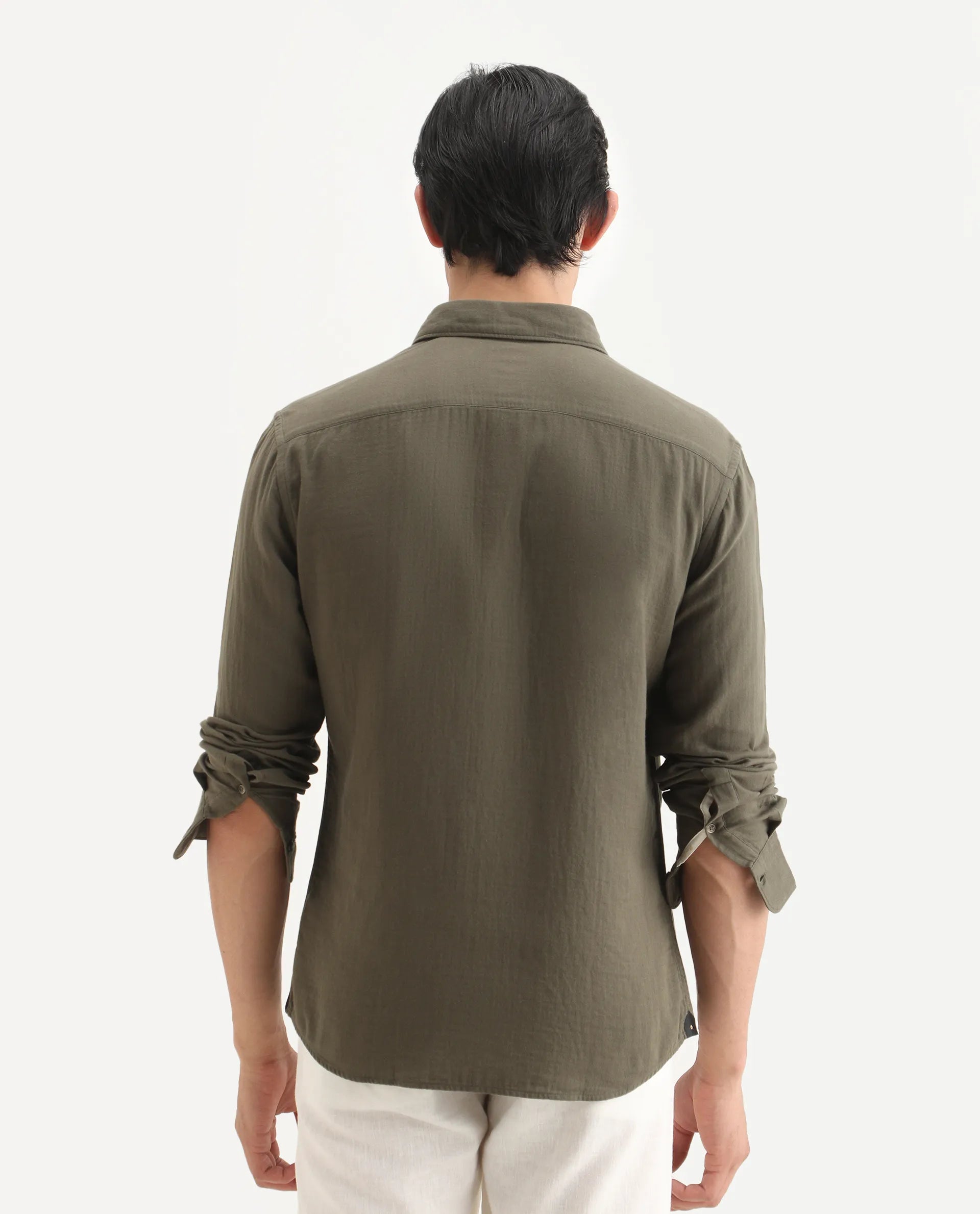 Rare Rabbit Men's Layerr-Ls Olive Cotton Plain Regular Fit Full Sleeve Collared Shirt