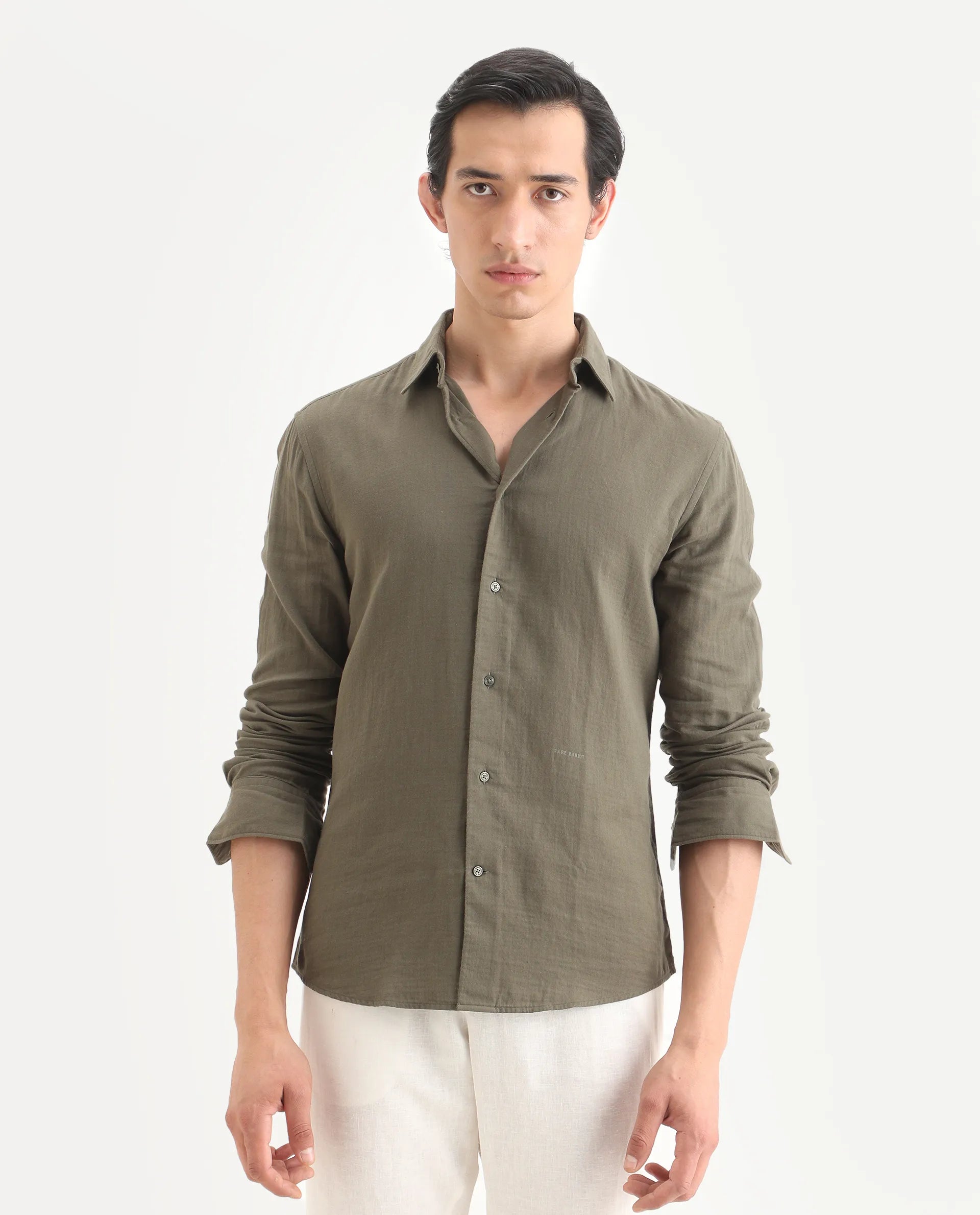 Rare Rabbit Men's Layerr-Ls Olive Cotton Plain Regular Fit Full Sleeve Collared Shirt