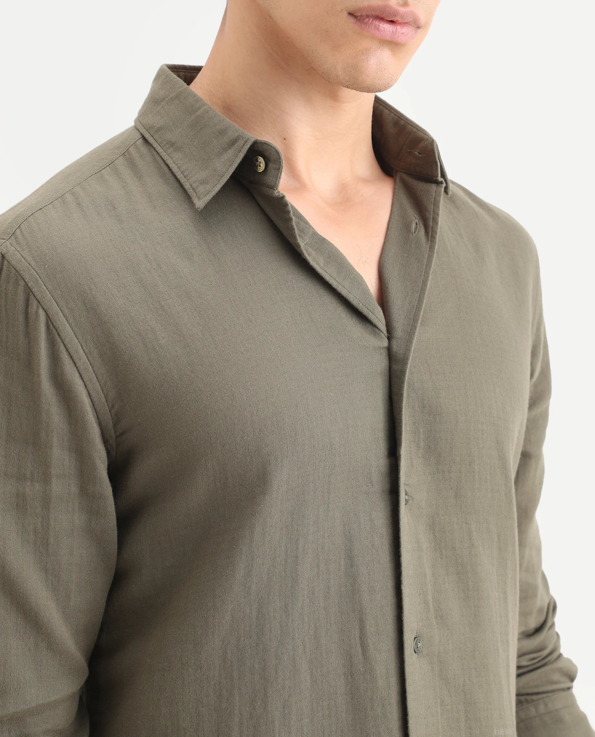 Rare Rabbit Men's Layerr-Ls Olive Cotton Plain Regular Fit Full Sleeve Collared Shirt