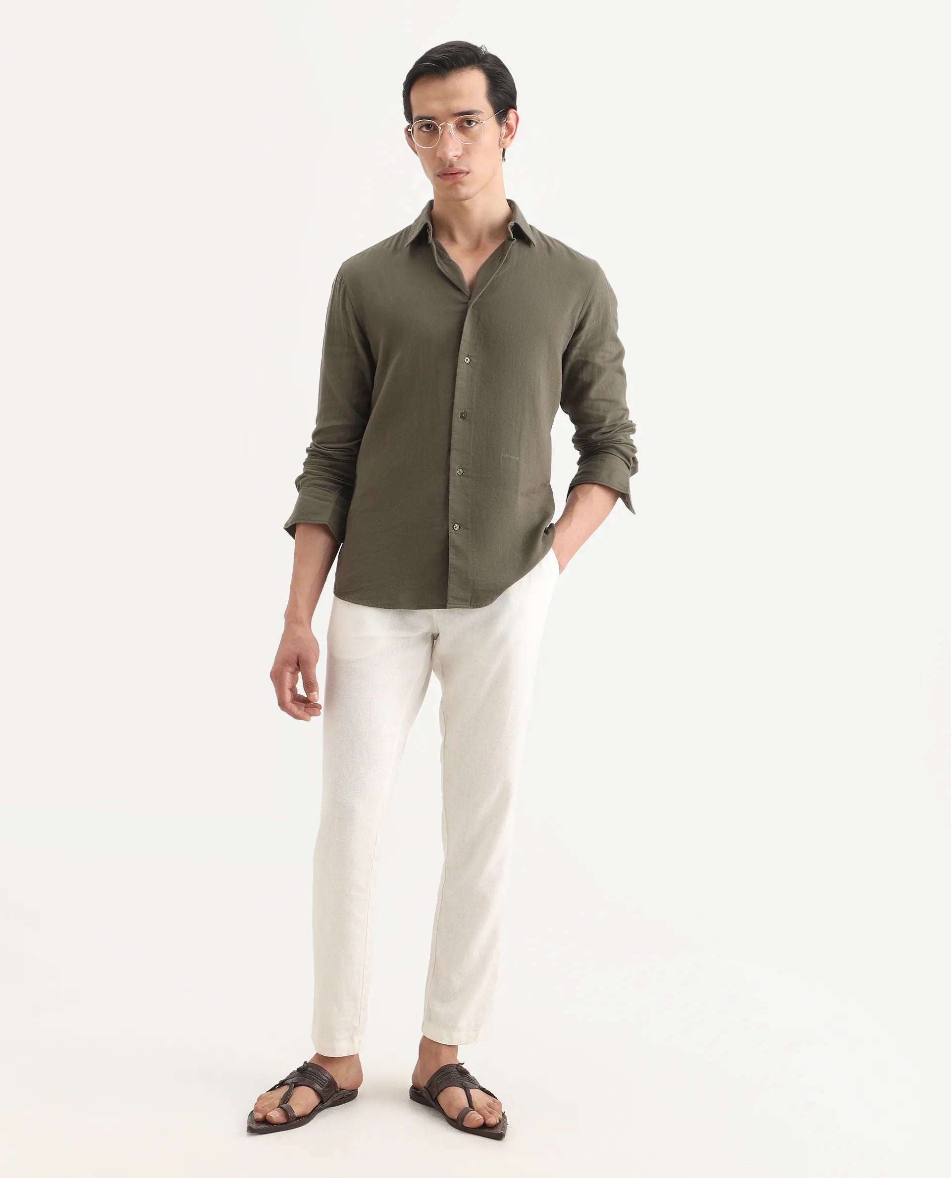 Rare Rabbit Men's Layerr-Ls Olive Cotton Plain Regular Fit Full Sleeve Collared Shirt