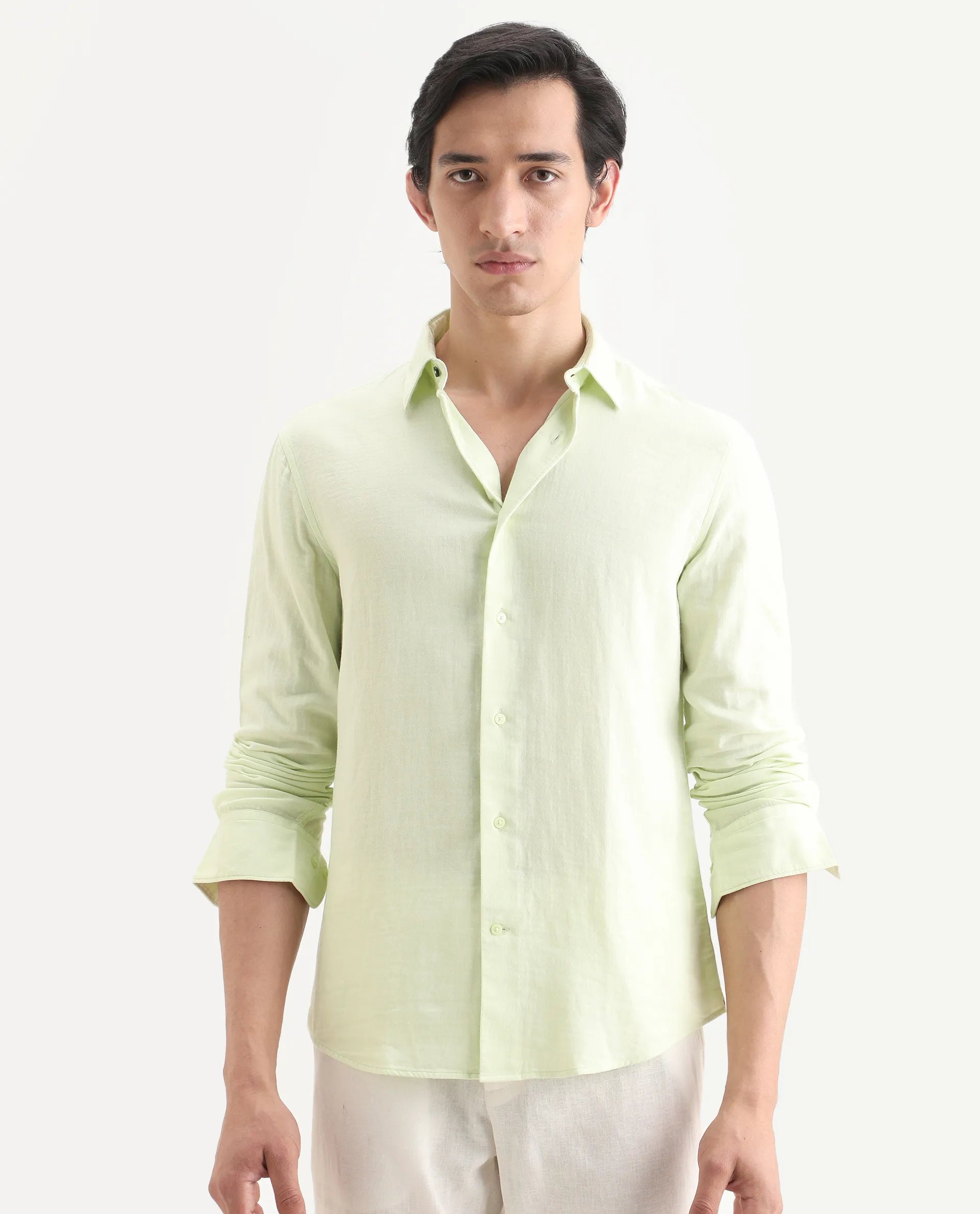 Rare Rabbit Men's Layerr-Ls Dusky Green Cotton Fabric Full Sleeve Spread Collar Regular Fit Plain Shirt