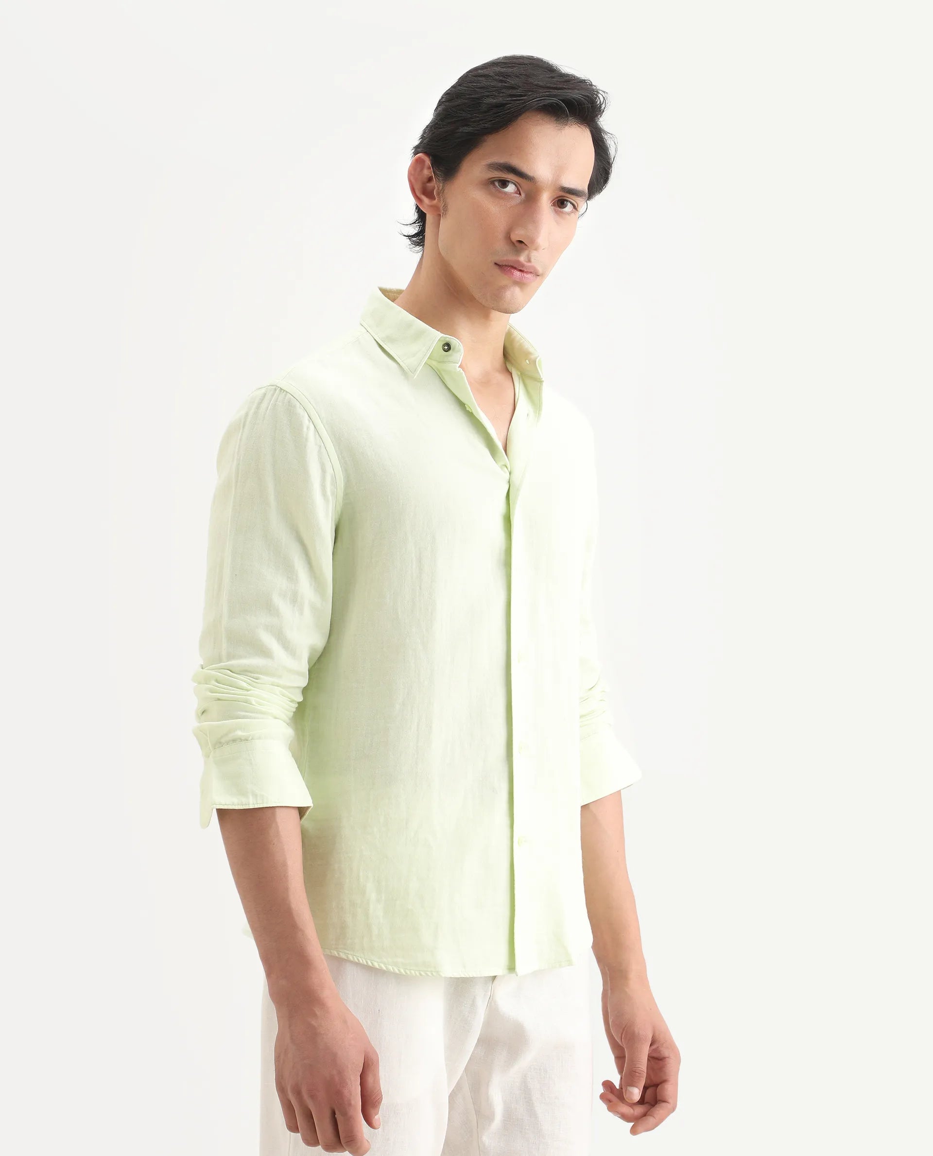 Rare Rabbit Men's Layerr-Ls Dusky Green Cotton Fabric Full Sleeve Spread Collar Regular Fit Plain Shirt