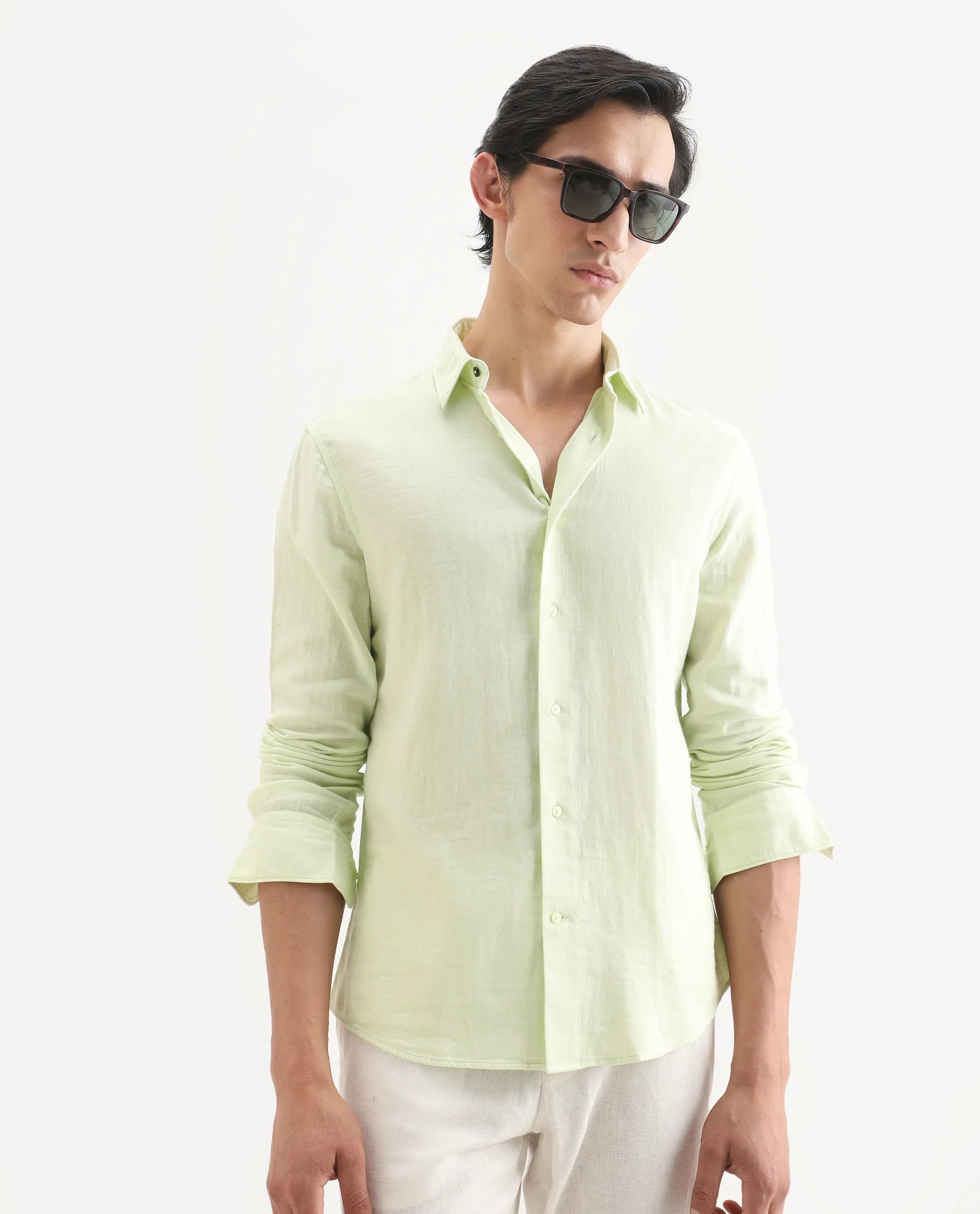 Rare Rabbit Men's Layerr-Ls Dusky Green Cotton Fabric Full Sleeve Spread Collar Regular Fit Plain Shirt