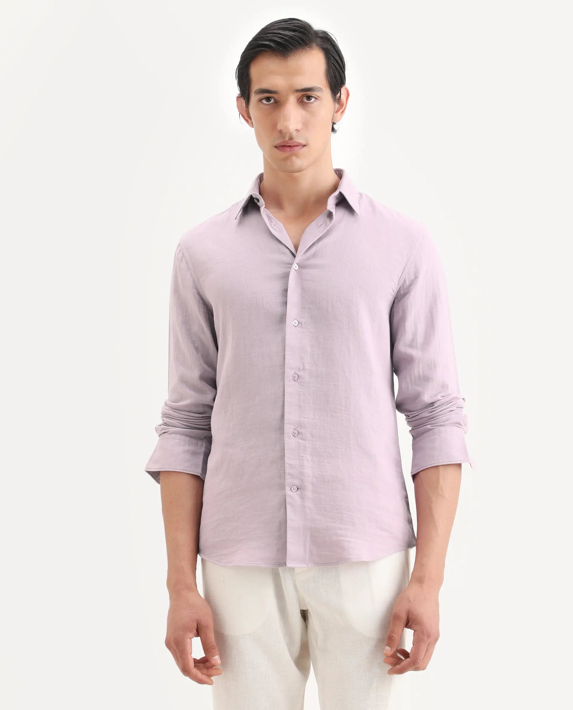 Rare Rabbit Men's Layerr-Ls Pastel Purple Cotton Fabric Full Sleeve Spread Collar Regular Fit Plain Shirt