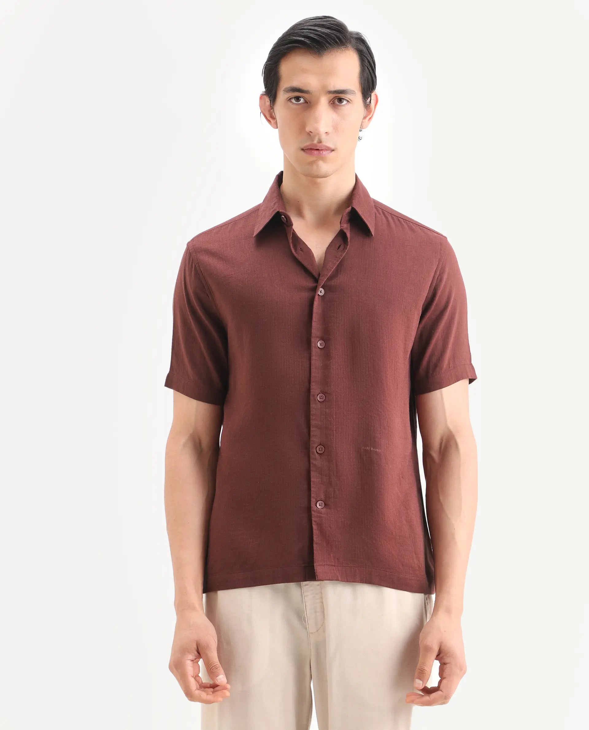 Rare Rabbit Men's Layerr Ss Dark Brown Cotton Blend Plain regular Fit Full Sleeve Collared Shirt