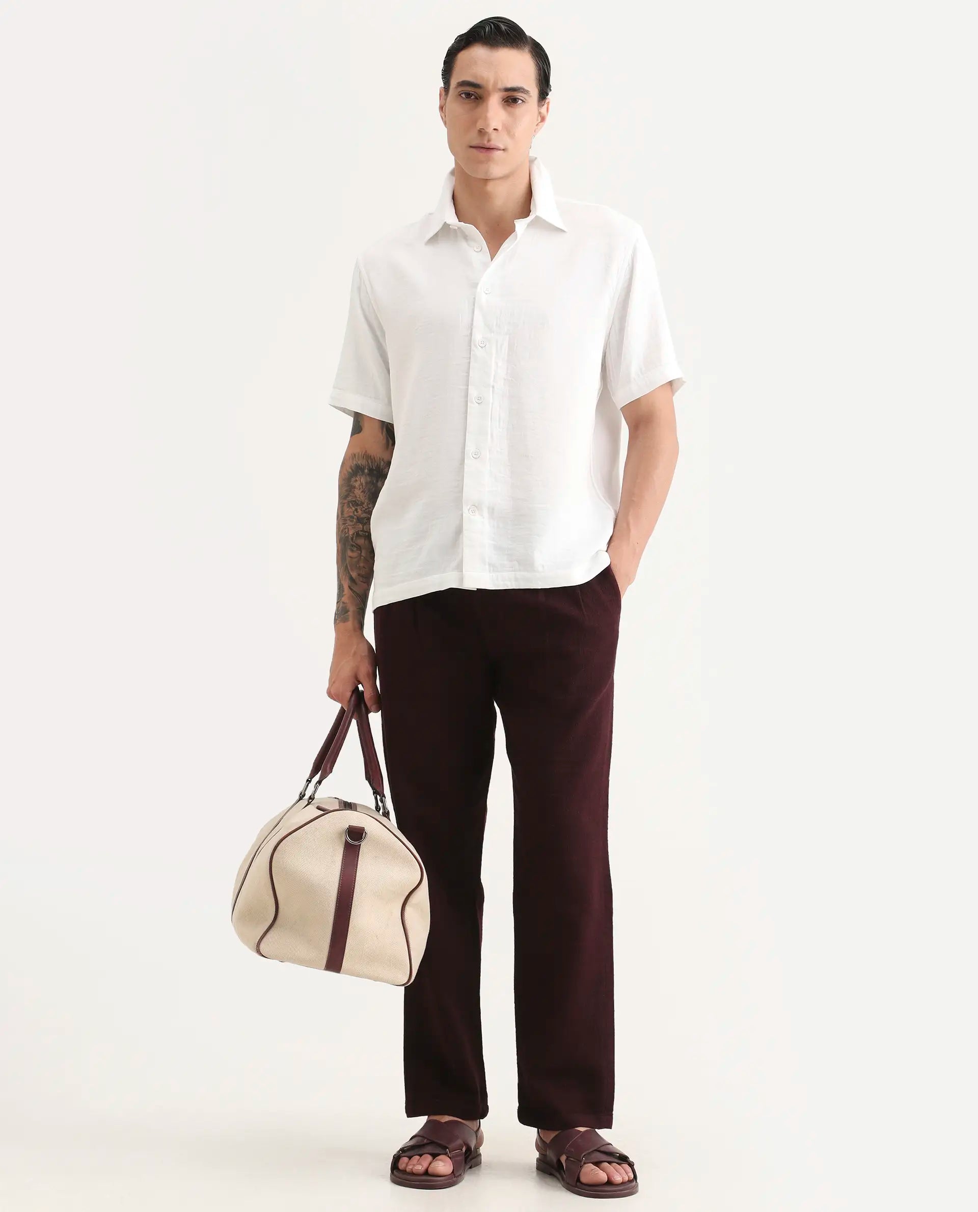 Rare Rabbit Men's Layerr Ss White Cotton Blend Plain Boxy Fit Full Sleeve Collared Shirt