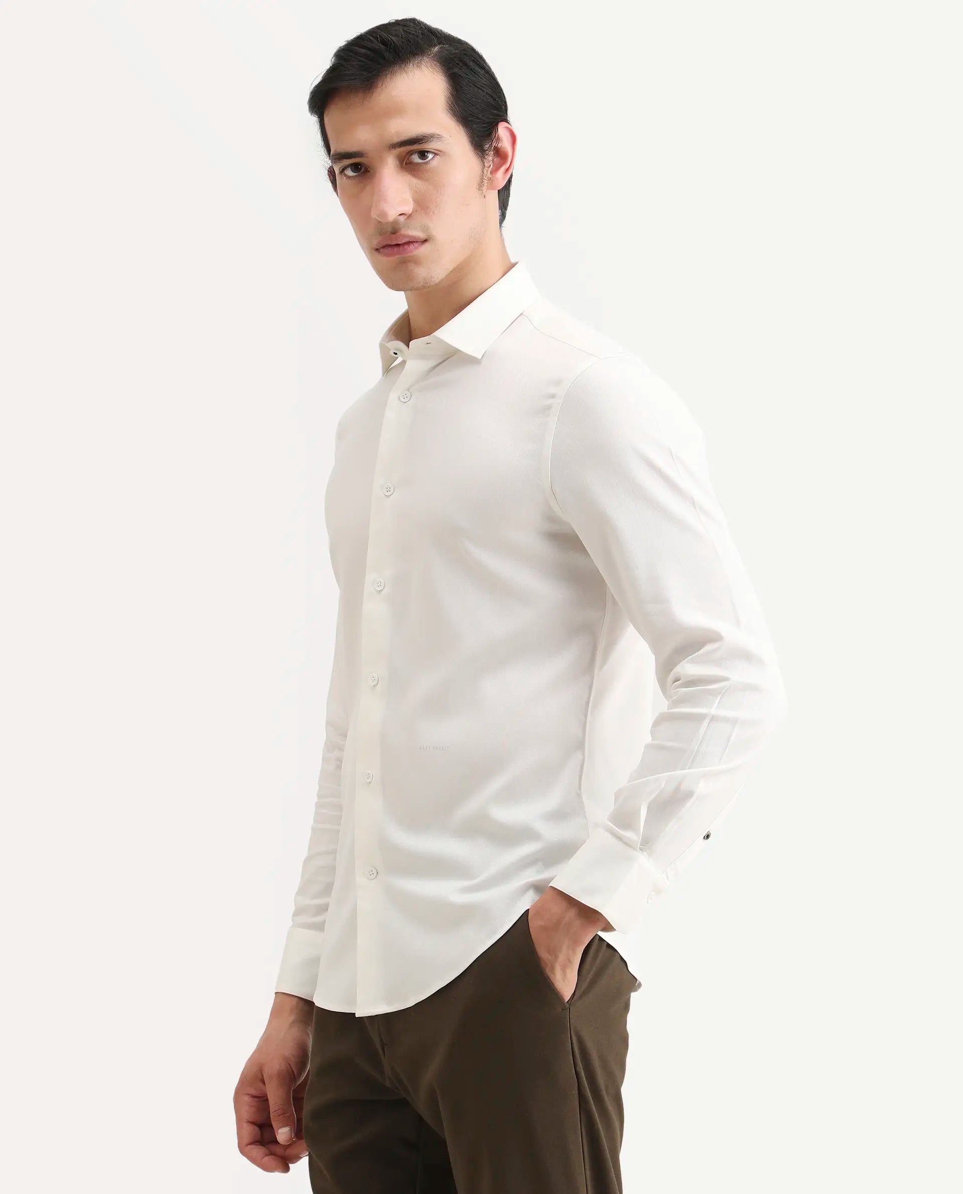 Rare Rabbit Men's Mer-Ss26 White Viscose Blend Fabric Full Sleeve Spread Collar Regular Fit Plain Shirt