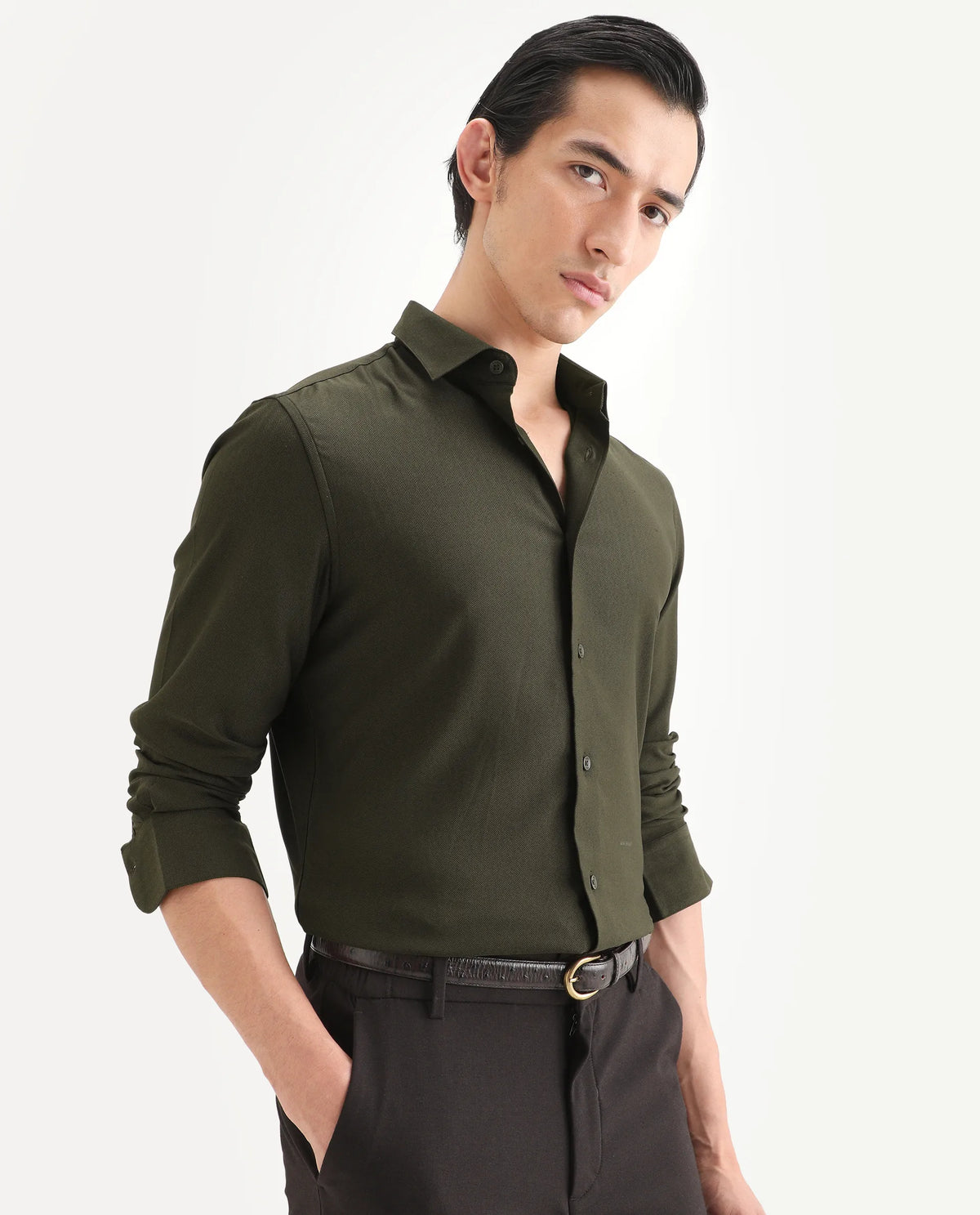 Rare Rabbit Men's Mer-Ss26 Dark Olive Viscose Blend Fabric Full Sleeve Spread Collar Regular Fit Plain Shirt
