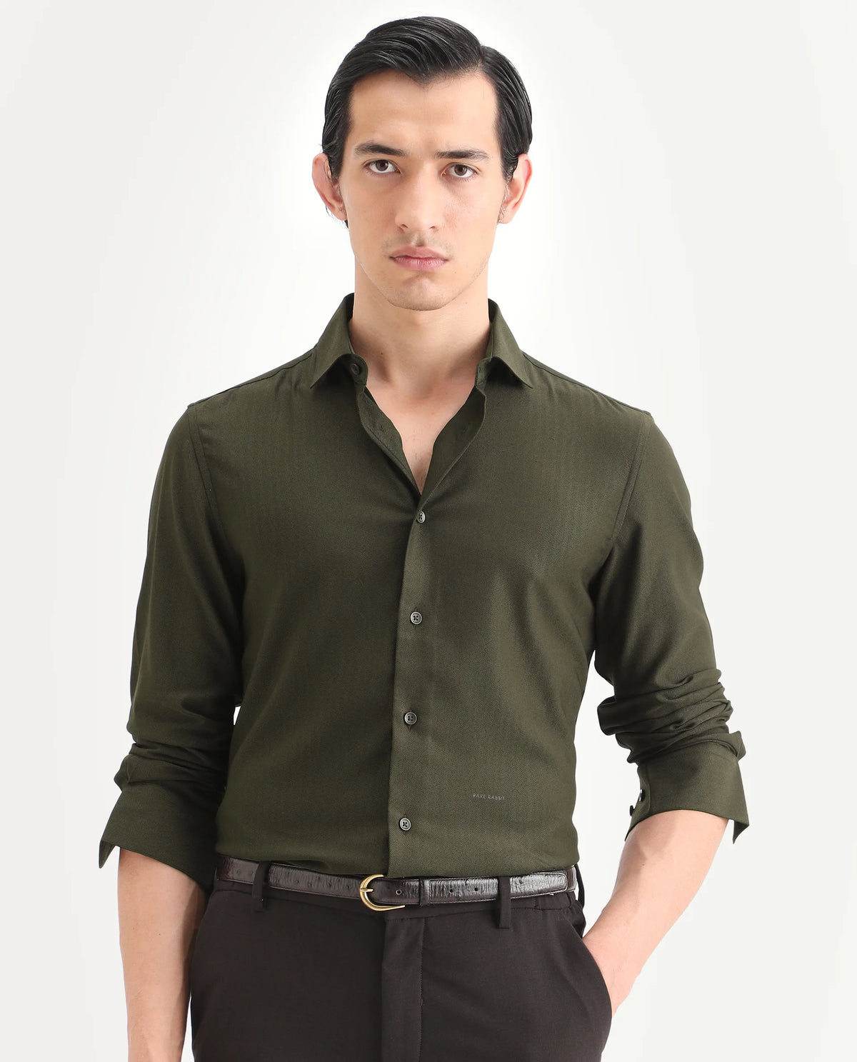 Rare Rabbit Men's Mer-Ss26 Dark Olive Viscose Blend Fabric Full Sleeve Spread Collar Regular Fit Plain Shirt