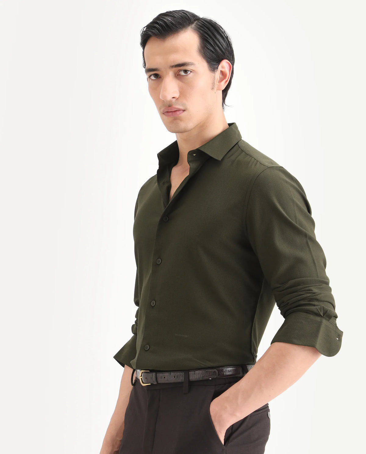 Rare Rabbit Men's Mer-Ss26 Dark Olive Viscose Blend Fabric Full Sleeve Spread Collar Regular Fit Plain Shirt