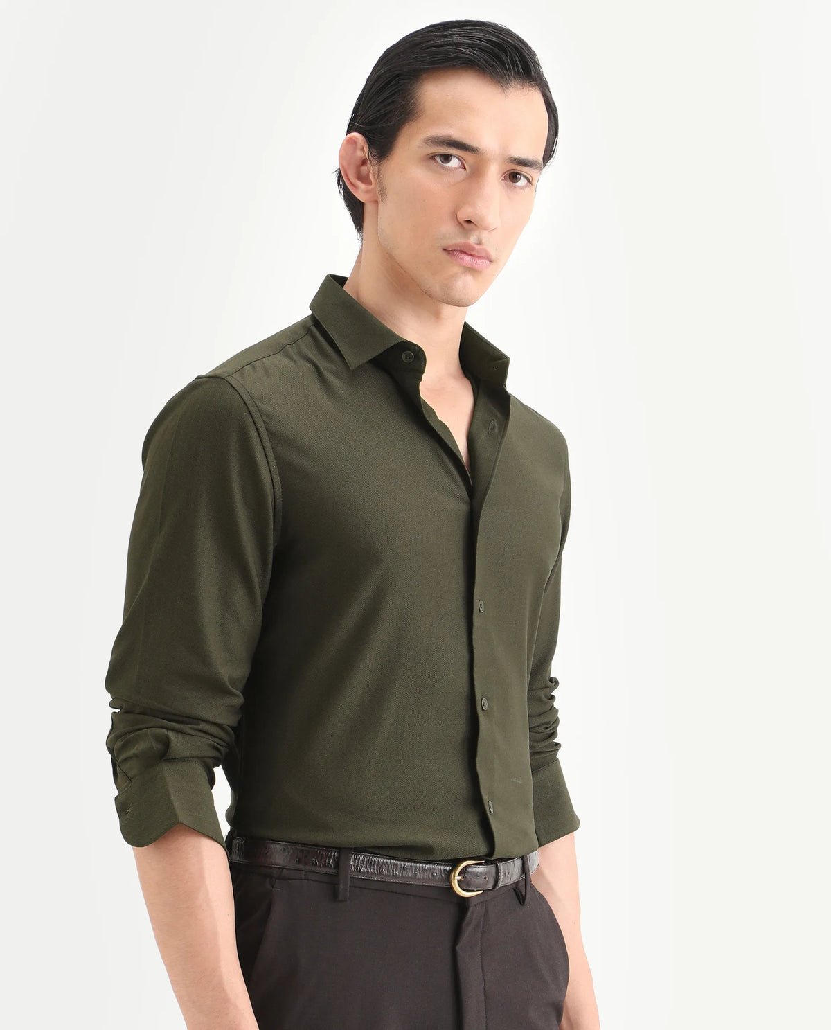 Rare Rabbit Men's Mer-Ss26 Dark Olive Viscose Blend Fabric Full Sleeve Spread Collar Regular Fit Plain Shirt